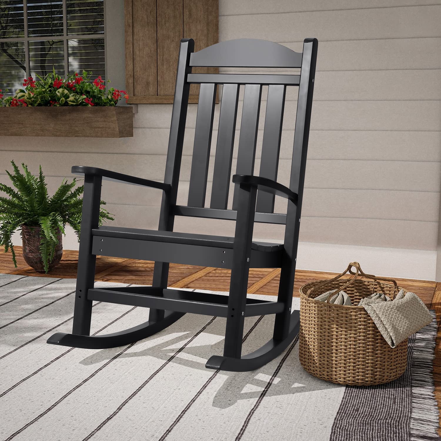 Devoko All-Weather Resin Rocking Chair - High Back Patio Rocker for Outdoor & Indoor Use - Perfect for Backyard, Garden, Porch, and Balcony Relaxation (Black)