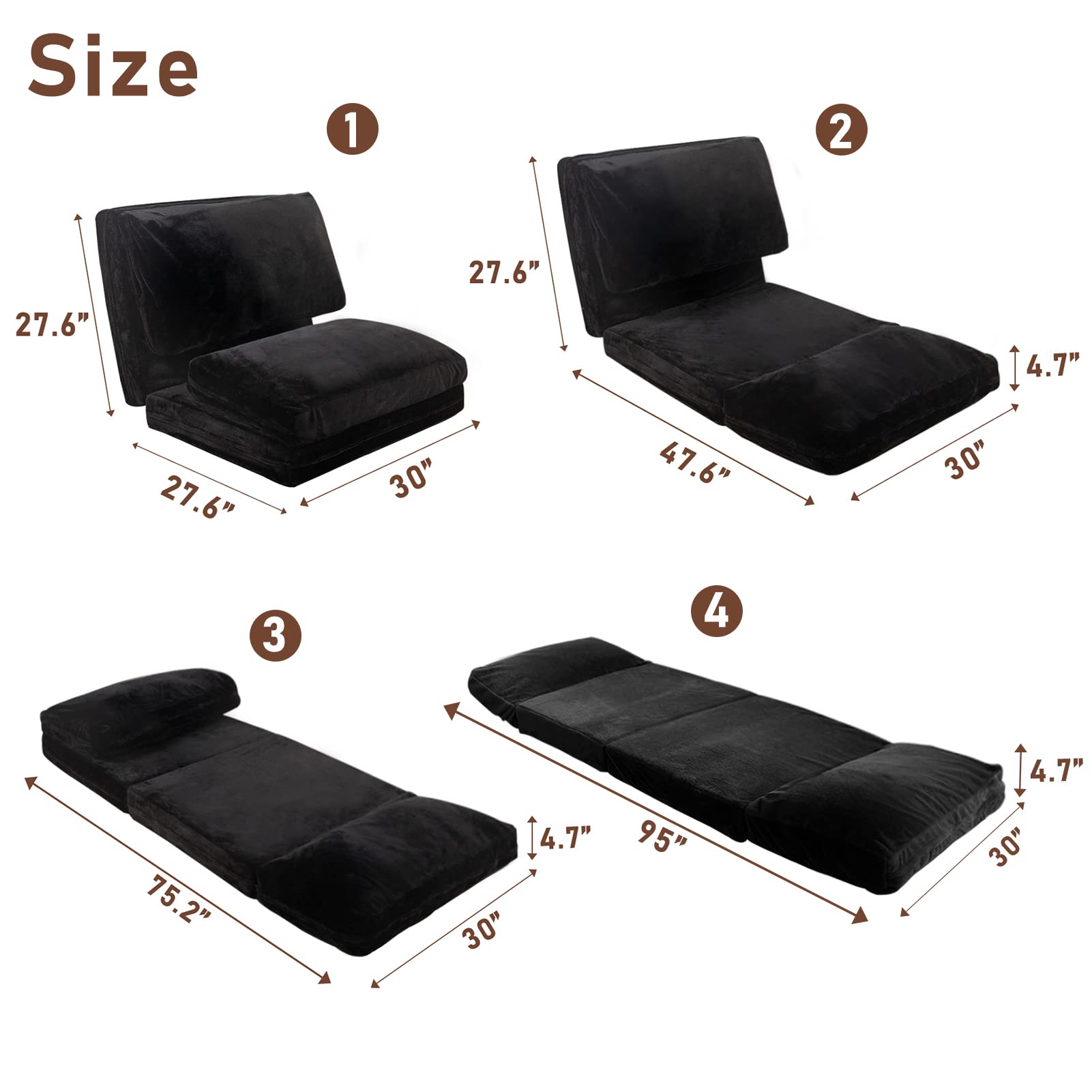 MAXYOYO Extra Thick 30x95 Inch Faux Fur Bean Bag Bed - Foldable Sofa Bed & Floor Mattress for Adults, Washable Cover, Single Floor Couch for Bedroom & Living Room (Black) | Perfect for Lounging, Gaming & Small Space Living