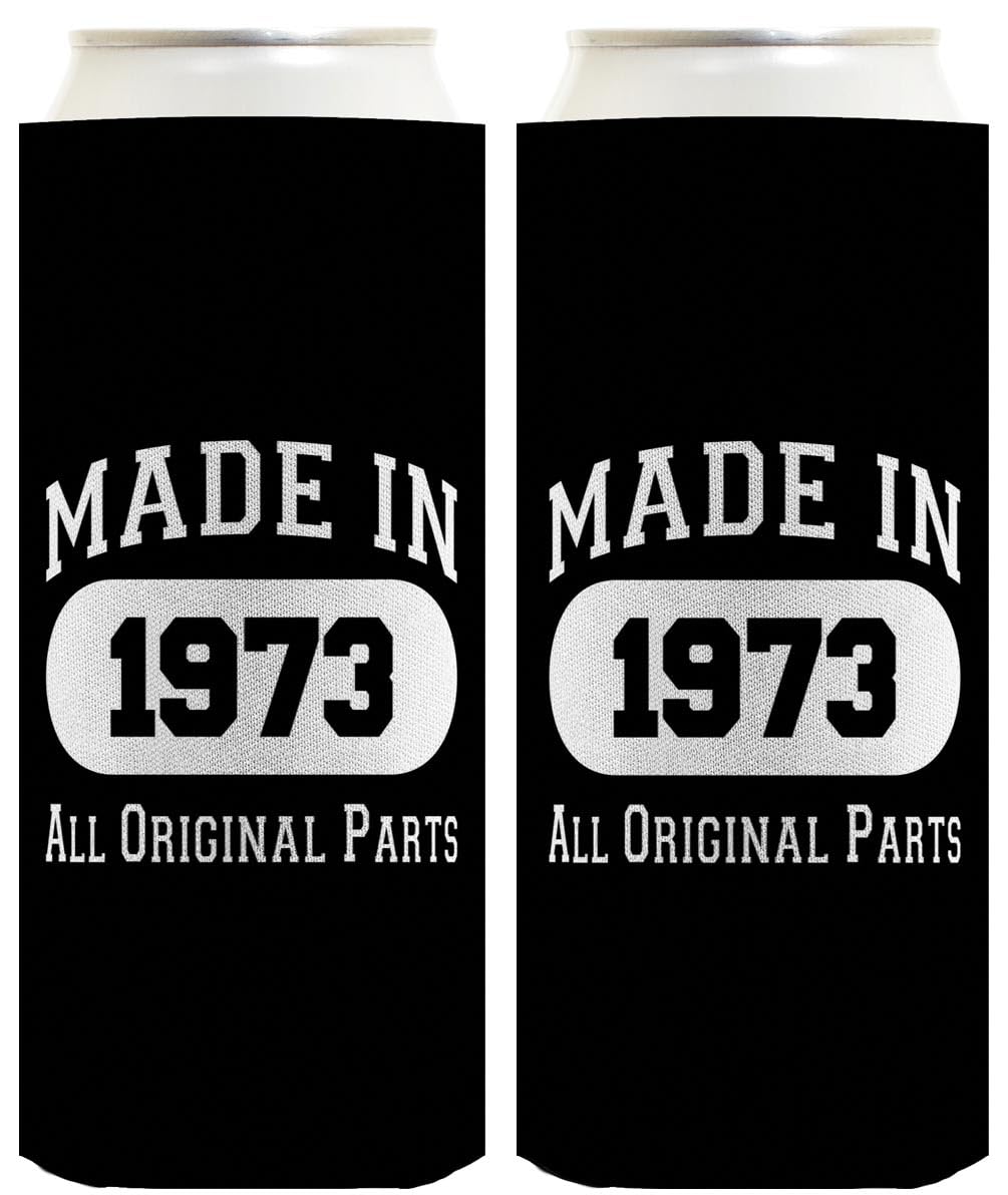1973 Vintage 50th Birthday Gifts for Women - 2 Pack Ultra Slim Can Coolers (Black) | Perfect for Parties, Picnics & Outdoor Events