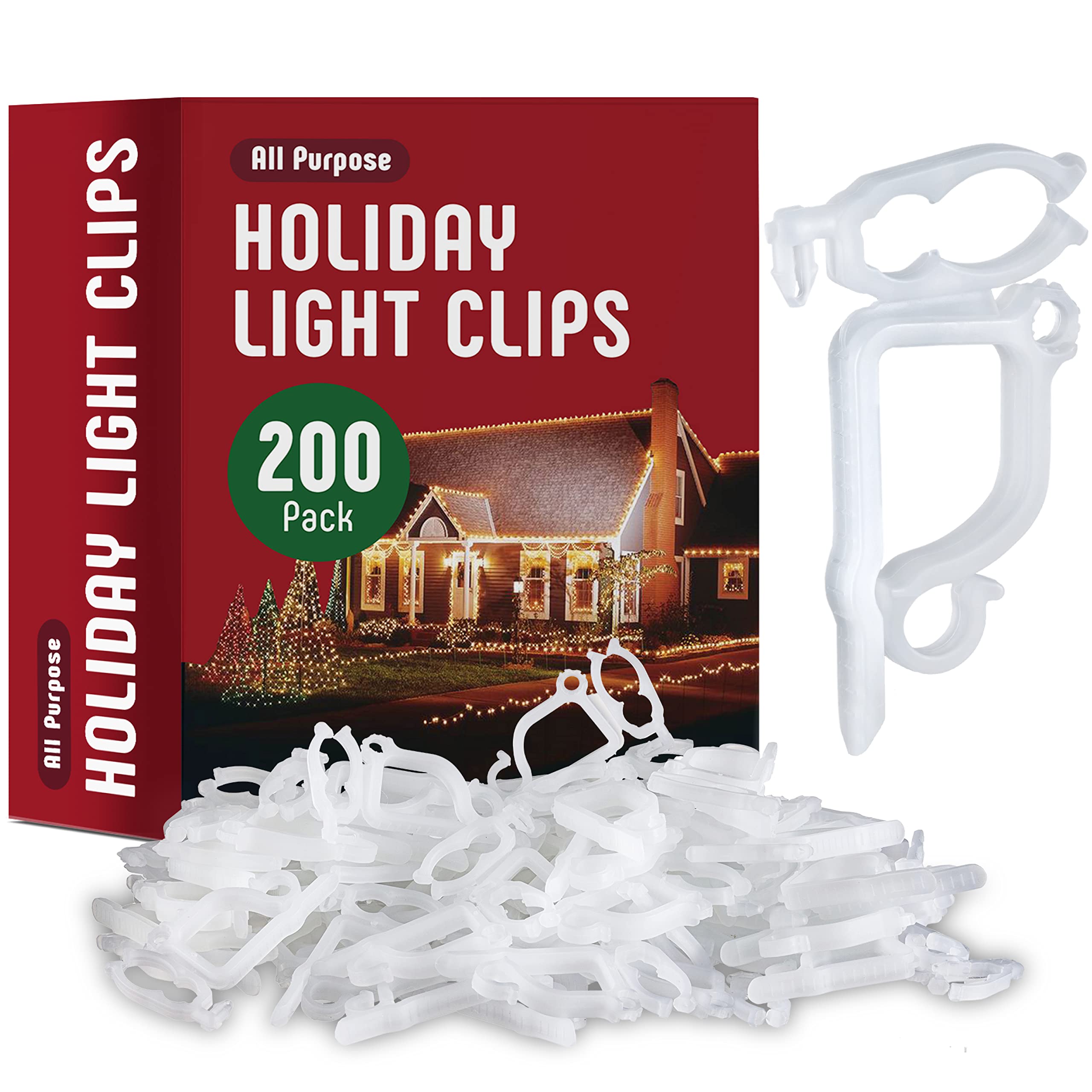 200-Pack All-Purpose Holiday Light Clips for Christmas Decorations - Outdoor Shingle & Gutter Mounts for Mini/C6/C7/C9/Rope/Icicle Lights - No Tools Needed - USA Made - Perfect for Roof, Fence & Window Decor