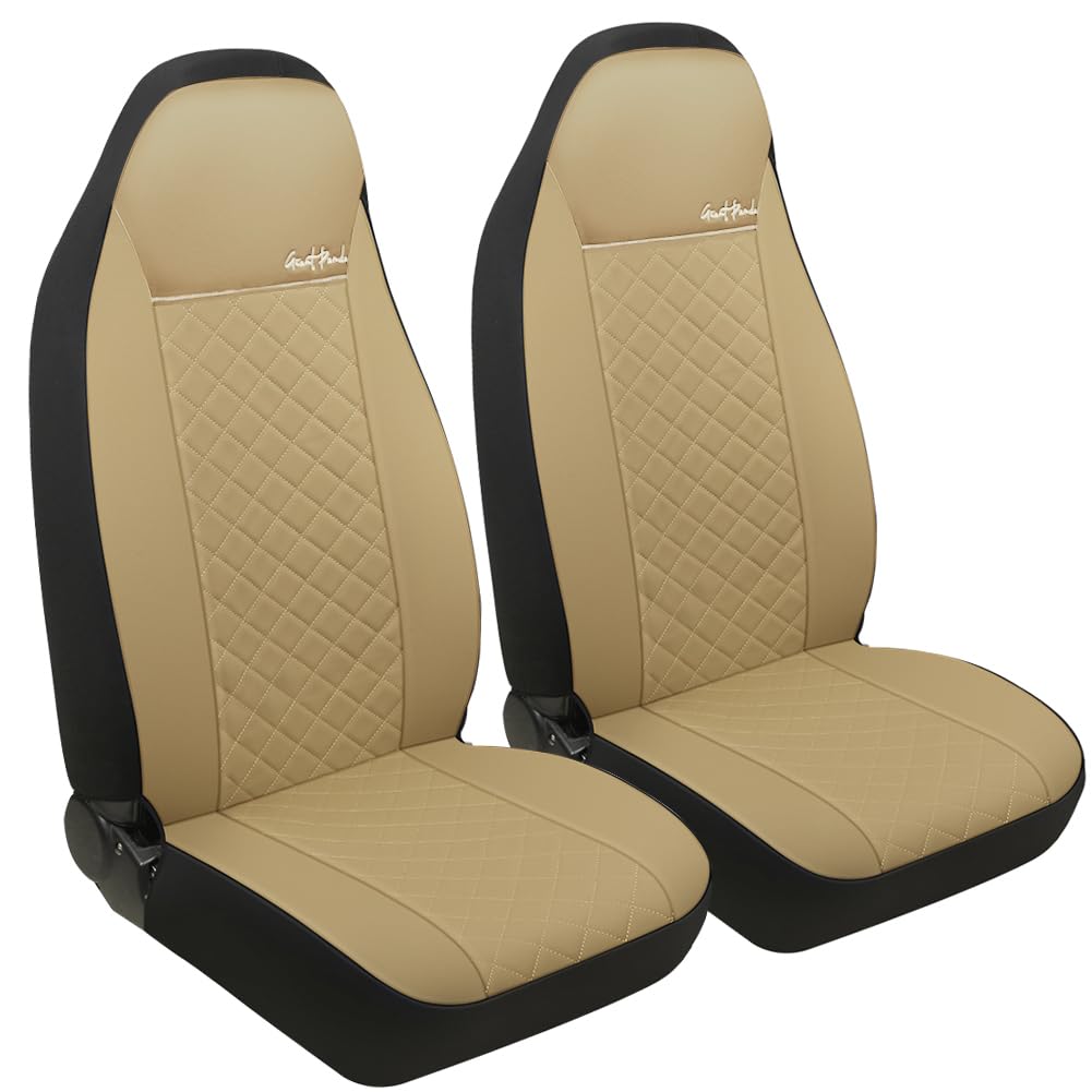 Premium Faux Leather Front Seat Covers for Cars, SUVs & Minivans - Universal Fit Bucket Seats with Giant Panda Design (Beige) | Perfect for Road Trips, Daily Commutes & Car Protection
