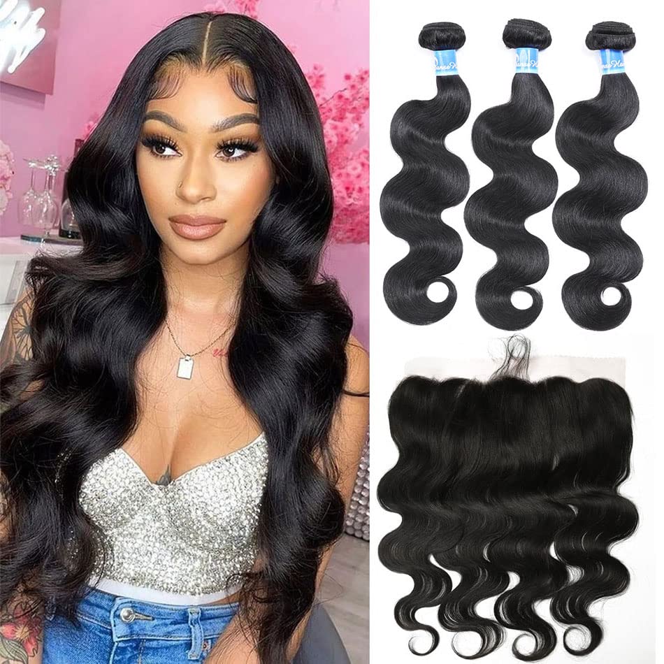 10A Brazilian Body Wave Human Hair Bundles with Frontal (16 18 20+14) - 100% Unprocessed Virgin Hair Extensions for Length & Volume - Perfect for Daily Wear, Parties & Special Occasions
