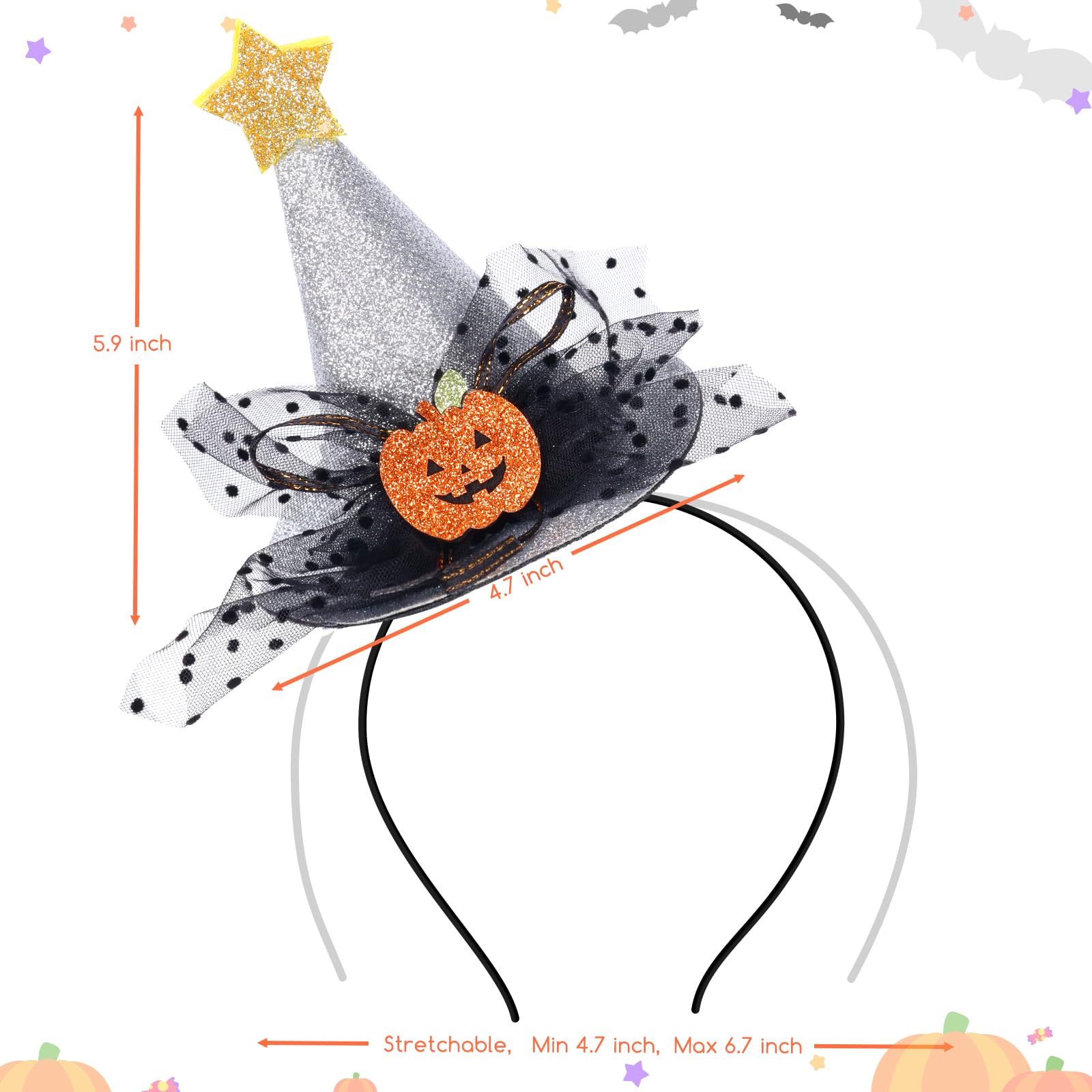 Halloween Pumpkin Glitter Witch Hat Headband for Women & Girls - Sparkly Hair Accessories & Party Headwear - Perfect for Costumes, Trick or Treat, and Halloween Festivities