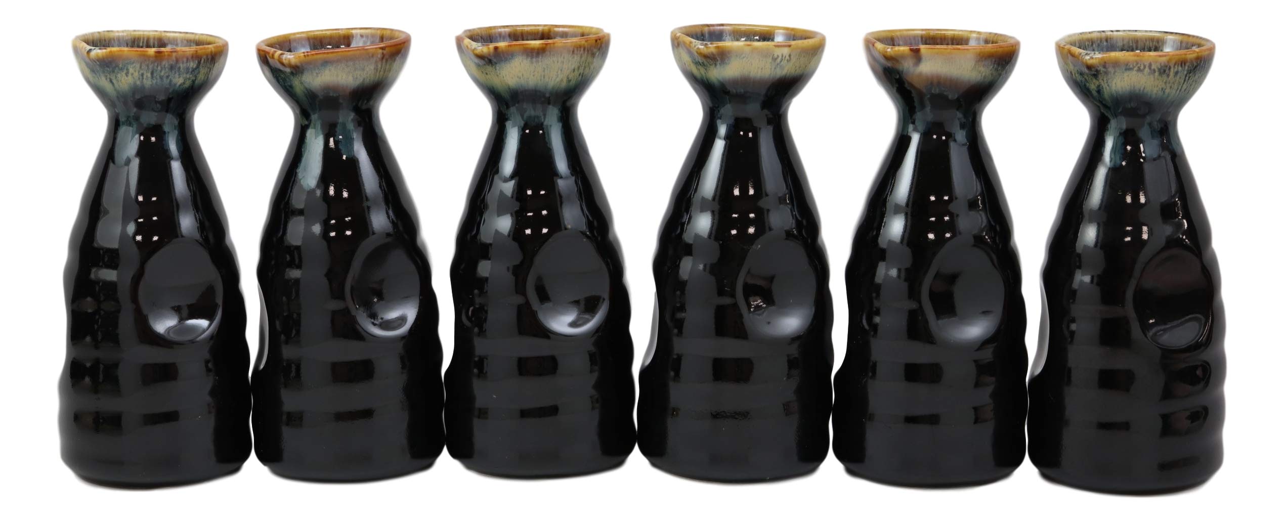 Ebros Gift Set of 6 Contemporary Brown & White Glazed Ceramic Japanese Sake Tokkuri Flasks with Heaven and Earth 'Ten To Ji' Design - Perfect for Sake Serving, Home Bar Decor, and Asian Dining Experience