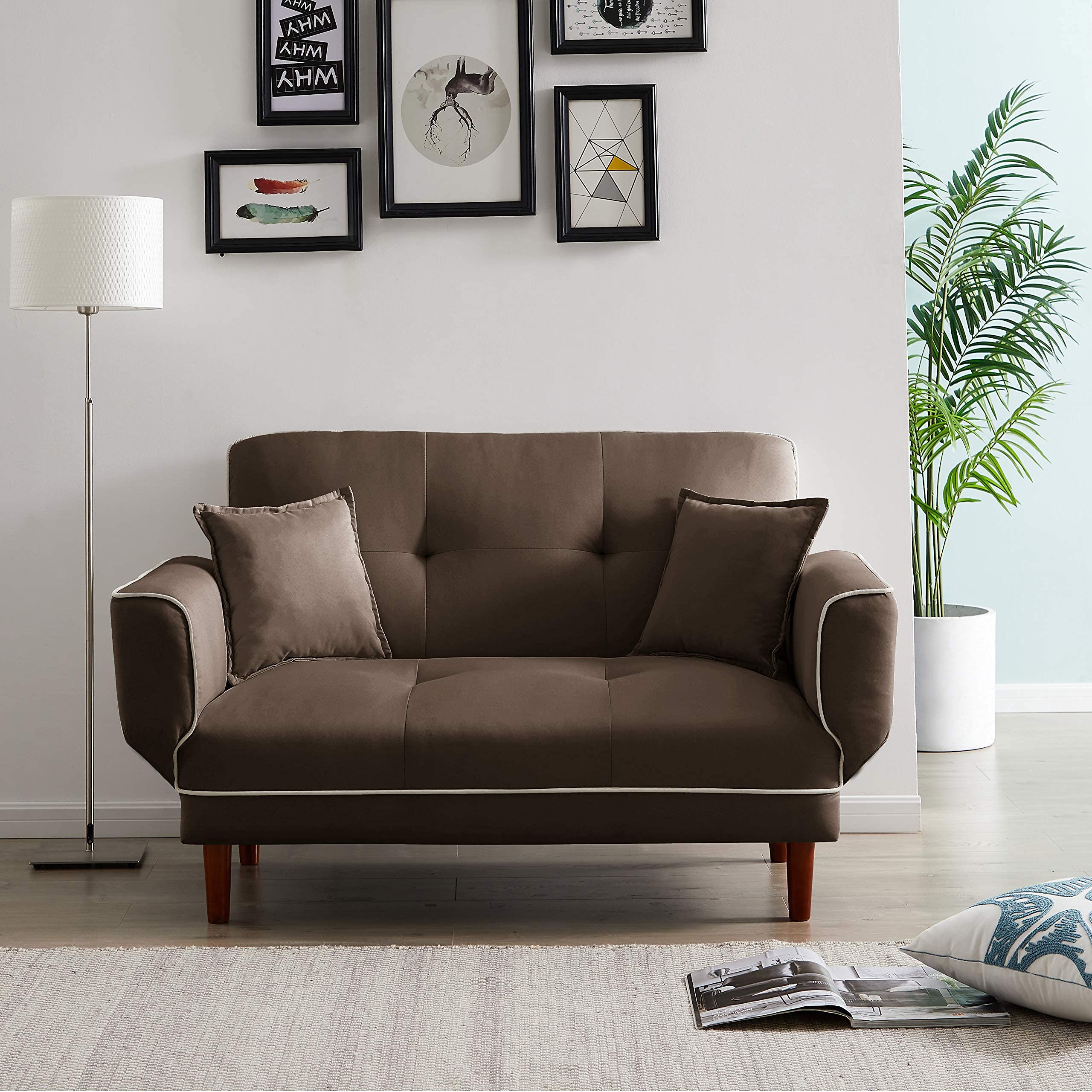 Convertible Futon Sofa Bed with 2 Pillows - Small Loveseat Sleeper Sofa, Recliner Couch with Adjustable Armrest & Wood Legs - 5-Angle Backrest Living Room Sofa for Small Spaces - Perfect for Apartments, Guest Rooms & Studio Living