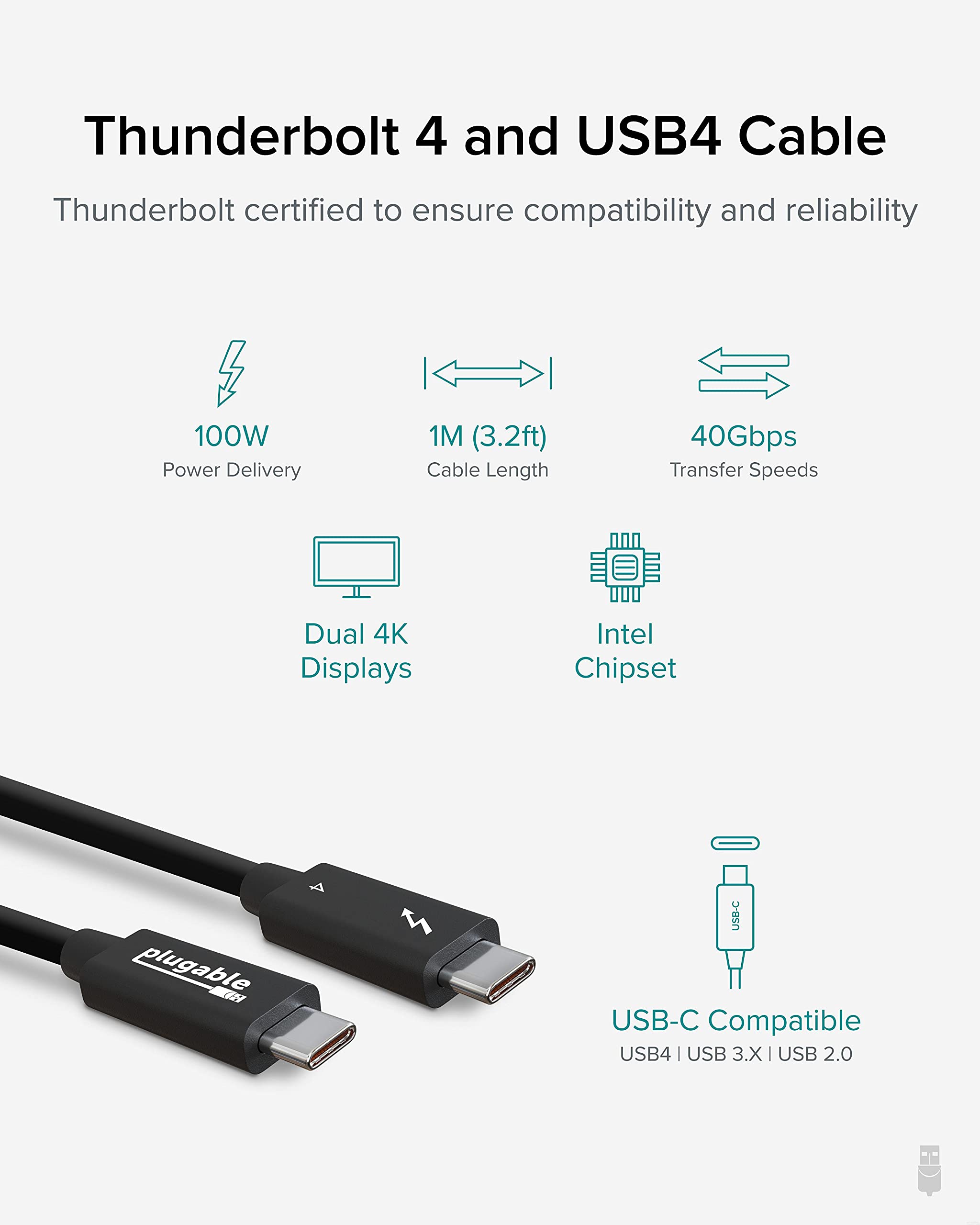 Plugable Thunderbolt 4 Cable Bundle - 3.2ft & 6.4ft USB4 Cables - 100W Fast Charging & 40Gbps High-Speed Data Transfer - Compatible with Thunderbolt 4/3, USB4, USB-C Devices [Thunderbolt Certified] - Perfect for MacBook Pro, Dell XPS, iPad Pro & More
