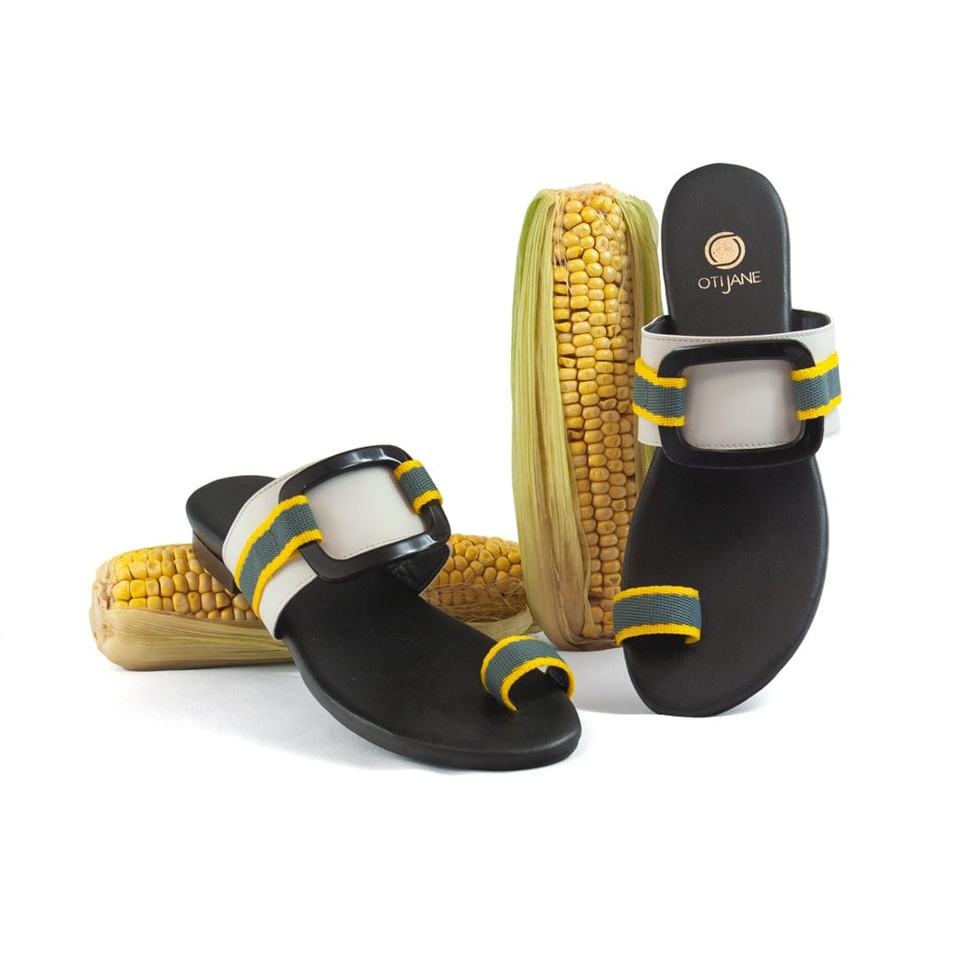 Gala Vegan Leather Slide Sandals for Women - Comfortable Grey & Yellow Casual Summer Shoes | Perfect for Beach, Pool, and Vacation Wear