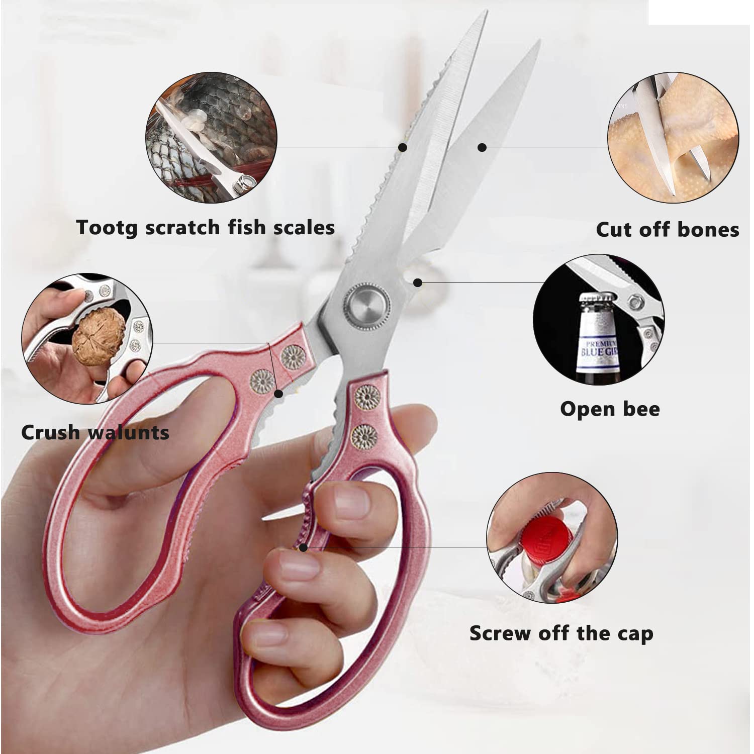 Premium Heavy Duty Kitchen Scissors - Ultra Sharp Stainless Steel Cooking Shears for Meat, Chicken, Fish & Herbs | Dishwasher Safe Rose Gold Kitchen Accessories | Perfect for Food Prep, Poultry Cutting & Bread Slicing