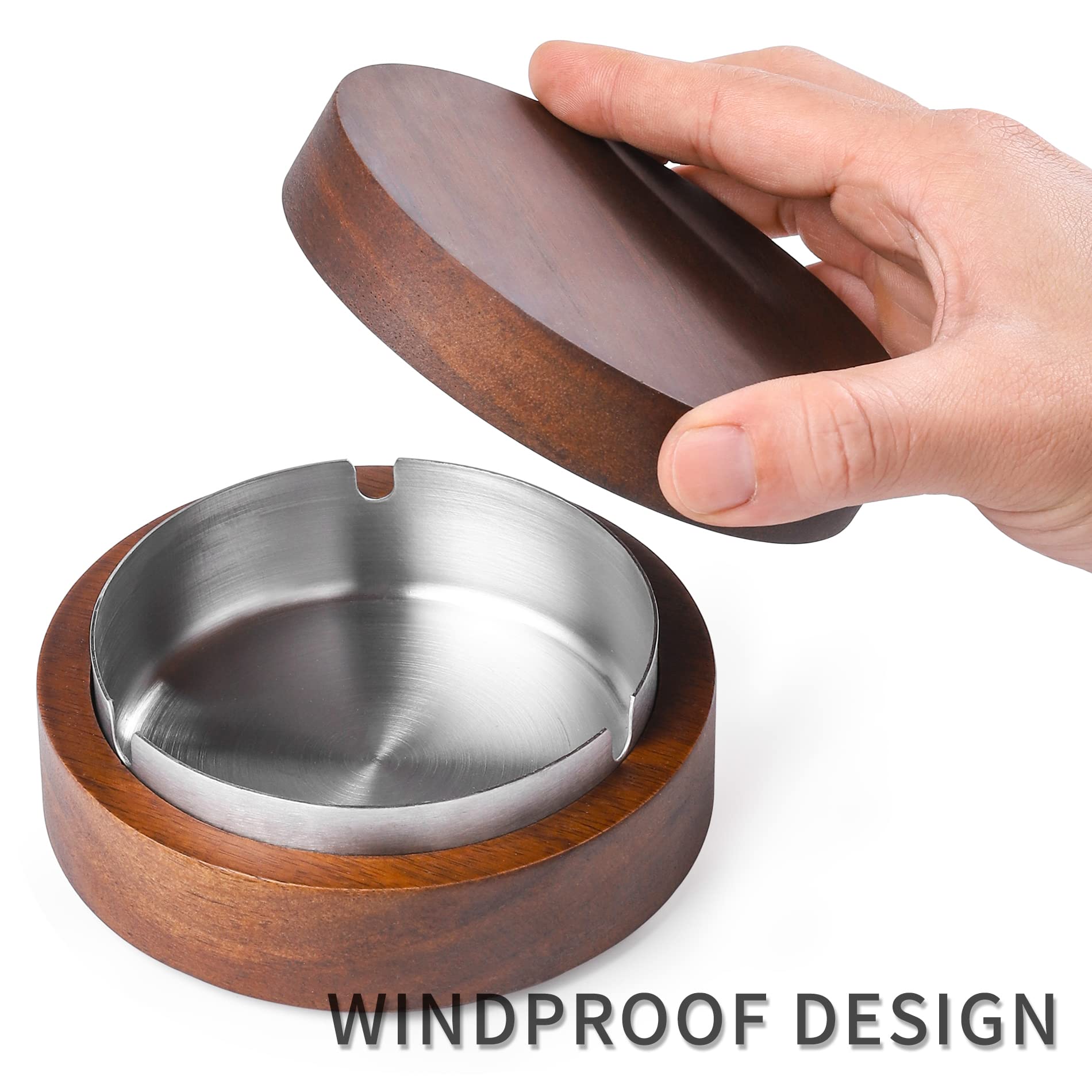 Premium Wooden Ashtray with Lid & Stainless Steel Liner - Windproof, Durable & Easy to Clean Smoking Accessory for Indoor/Outdoor Use - Perfect for Home, Office, Patio, Camping & Travel