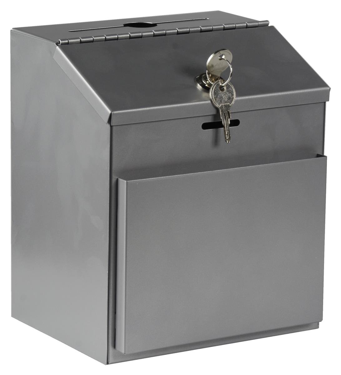 Secure Metal Ballot Box with Locking Hinged Lid & Side Pocket for Forms (Not Included) - Silver Voting/Suggestion Box for Tabletop or Wall Mount - Perfect for Elections, Surveys, Feedback Collection in Offices, Schools & Community Events