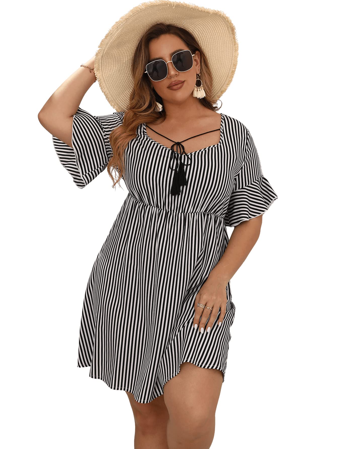 WDIRARA Women's Plus Size Striped A-Line Dress with Tie Front & Short Sleeves - Casual Mini Dress for Summer, Beach, Party & Date Night Outfits