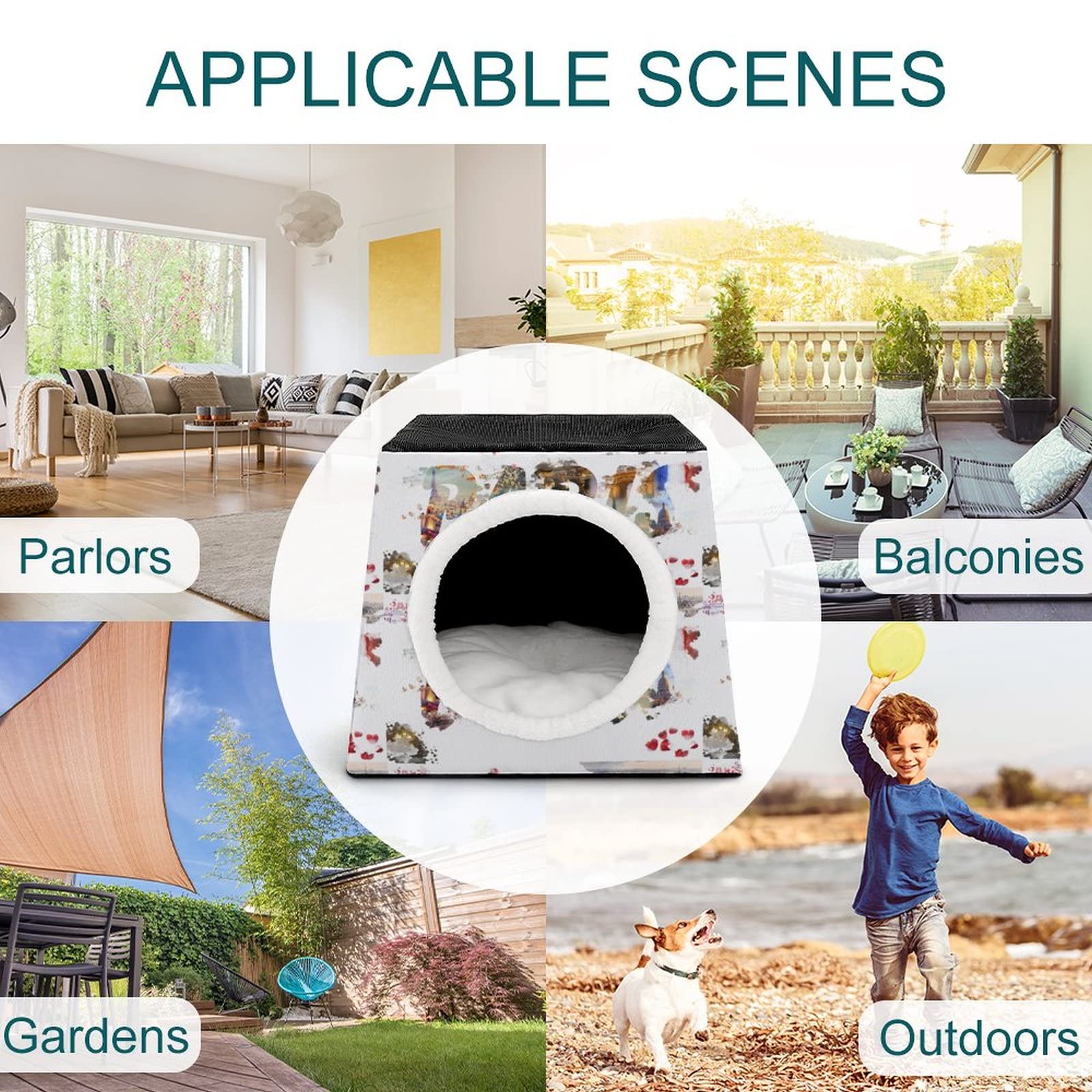 3-in-1 Multi-Functional Cat House with Bed & Sofa Design - Printed Kitty Cube Shelter for Indoor/Outdoor Use - Paris Themed (Perfect for Home, Office or Garden Pet Resting Space)