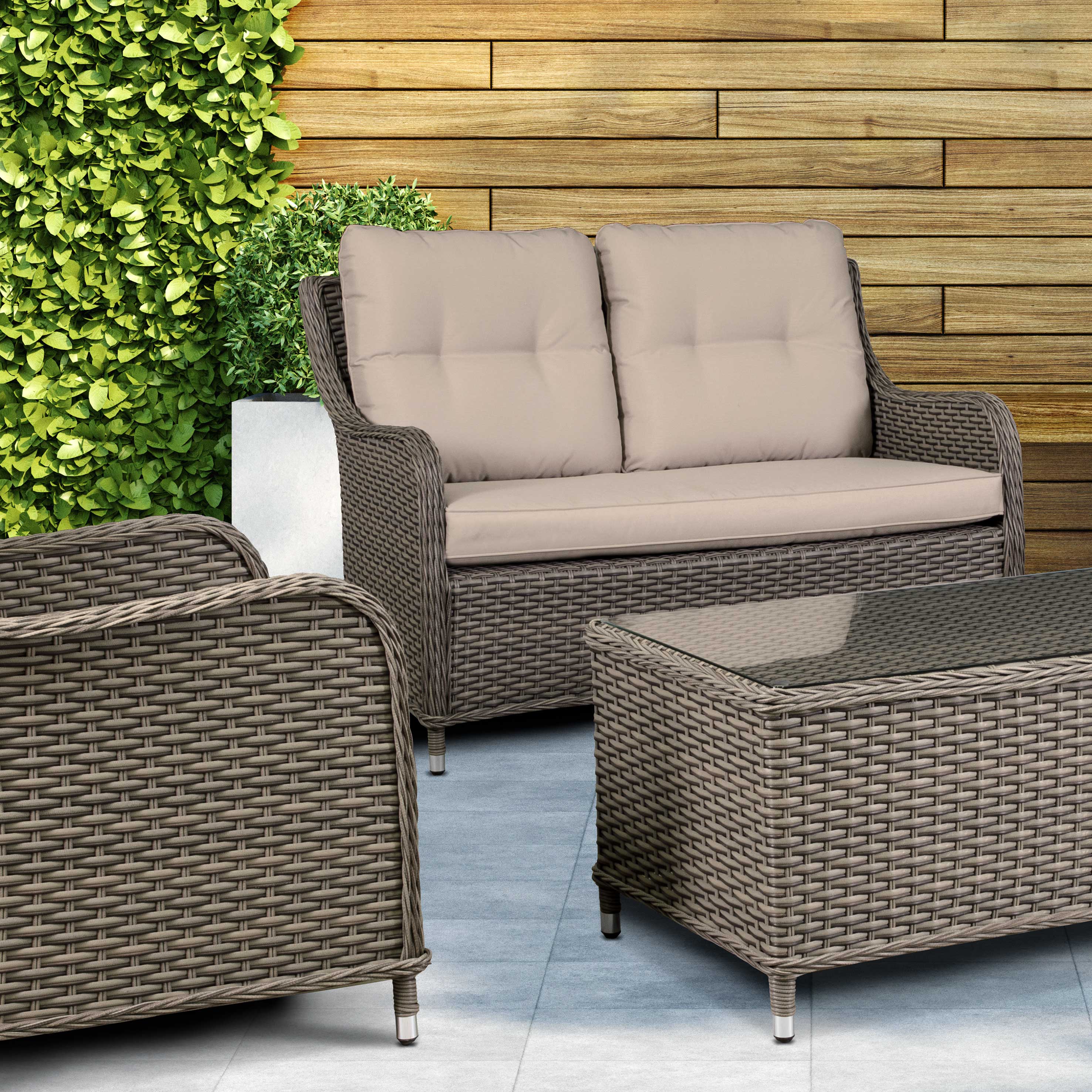 Chester 4-Piece Outdoor Rattan Patio Furniture Set with Double Seater Sofa, Coffee Table & 2 Chairs - Weather-Resistant Brown Wicker Lounge Set for Garden, Poolside & Backyard Relaxation (Model DG87)