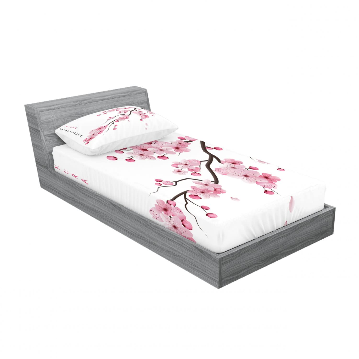Ambesonne 2-Pack Twin Size Fitted Sheet & Pillow Sham Set - Japanese Cherry Blossom Design, Pink & White 4-Piece Bedding Set - Perfect for Guest Rooms, Dorms & Kids' Bedrooms