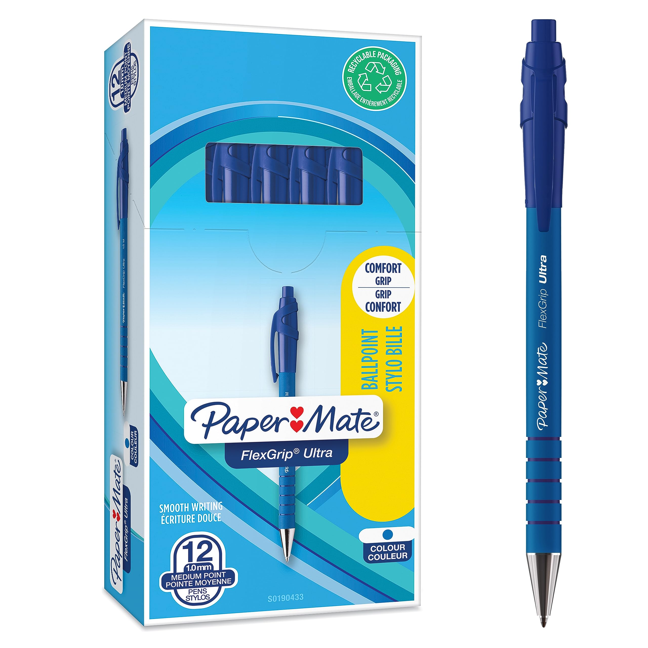 Paper Mate Flexgrip Ultra Retractable Ballpoint Pens - Medium Point 1.0mm - Smooth Writing Blue Ink Pens for Office, School & Note Taking - Pack of 12 Premium Ballpoint Pens for Everyday Use