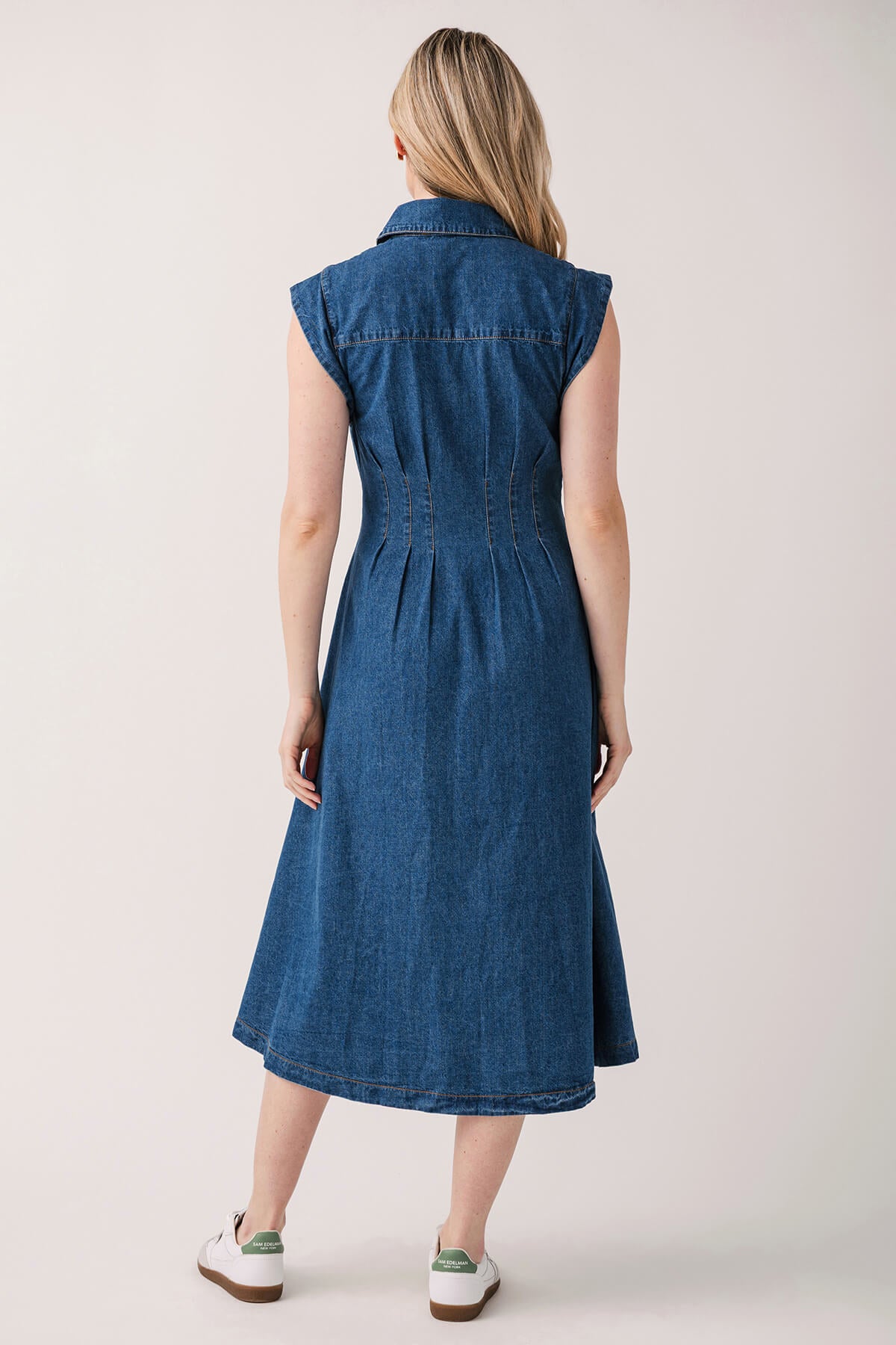 Olivaceous Denim Pleated Maxi Dress for Women - Elegant Long Flowy Dress with Pockets, Perfect for Casual Outings, Date Nights & Summer Vacations