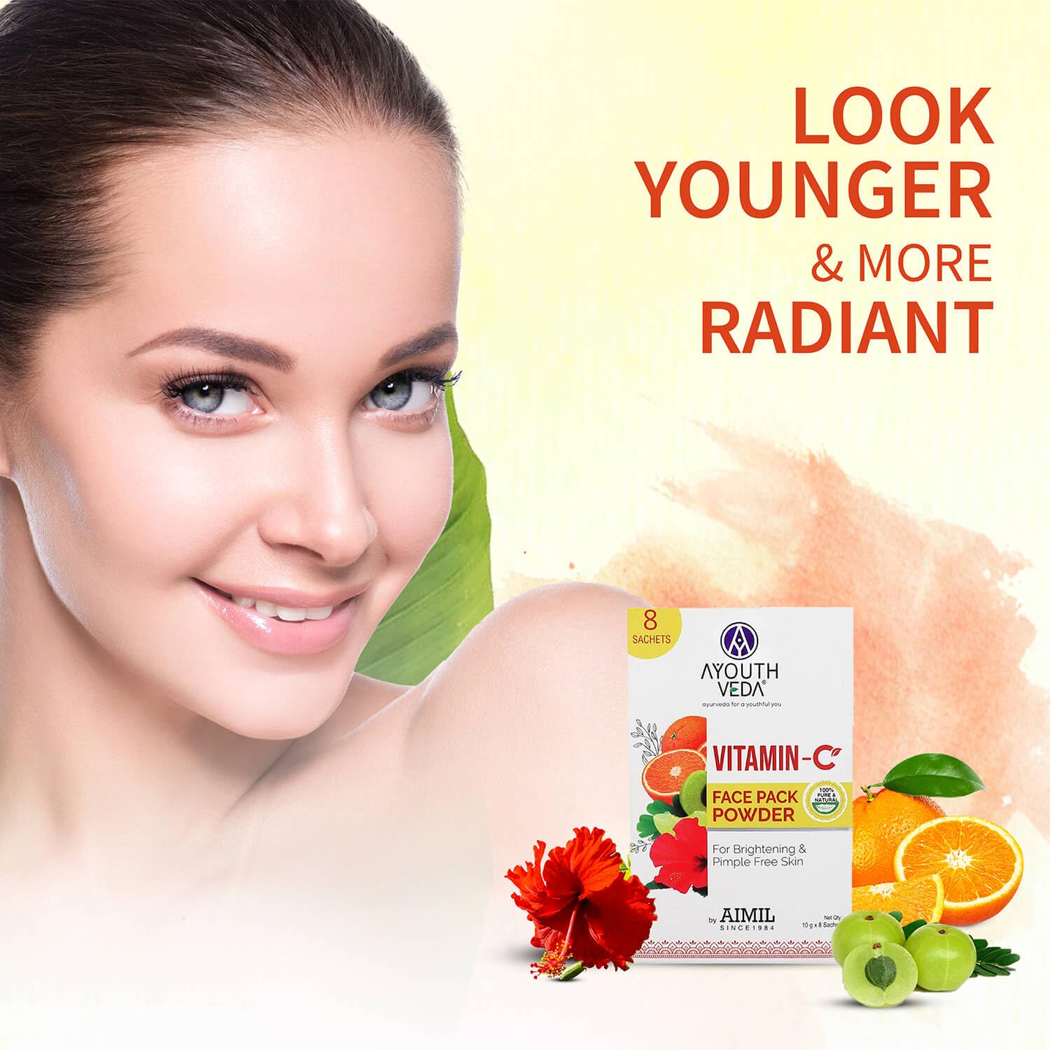 Ayouthveda Vitamin C Face Pack Powder for Men & Women - Brightens Skin, Reduces Pigmentation & Acne | Natural Fruit & Herb Enriched Formula for Soft, Glowing Skin (10g x 8 Sachets) | Perfect for Daily Skincare & Spa Treatments