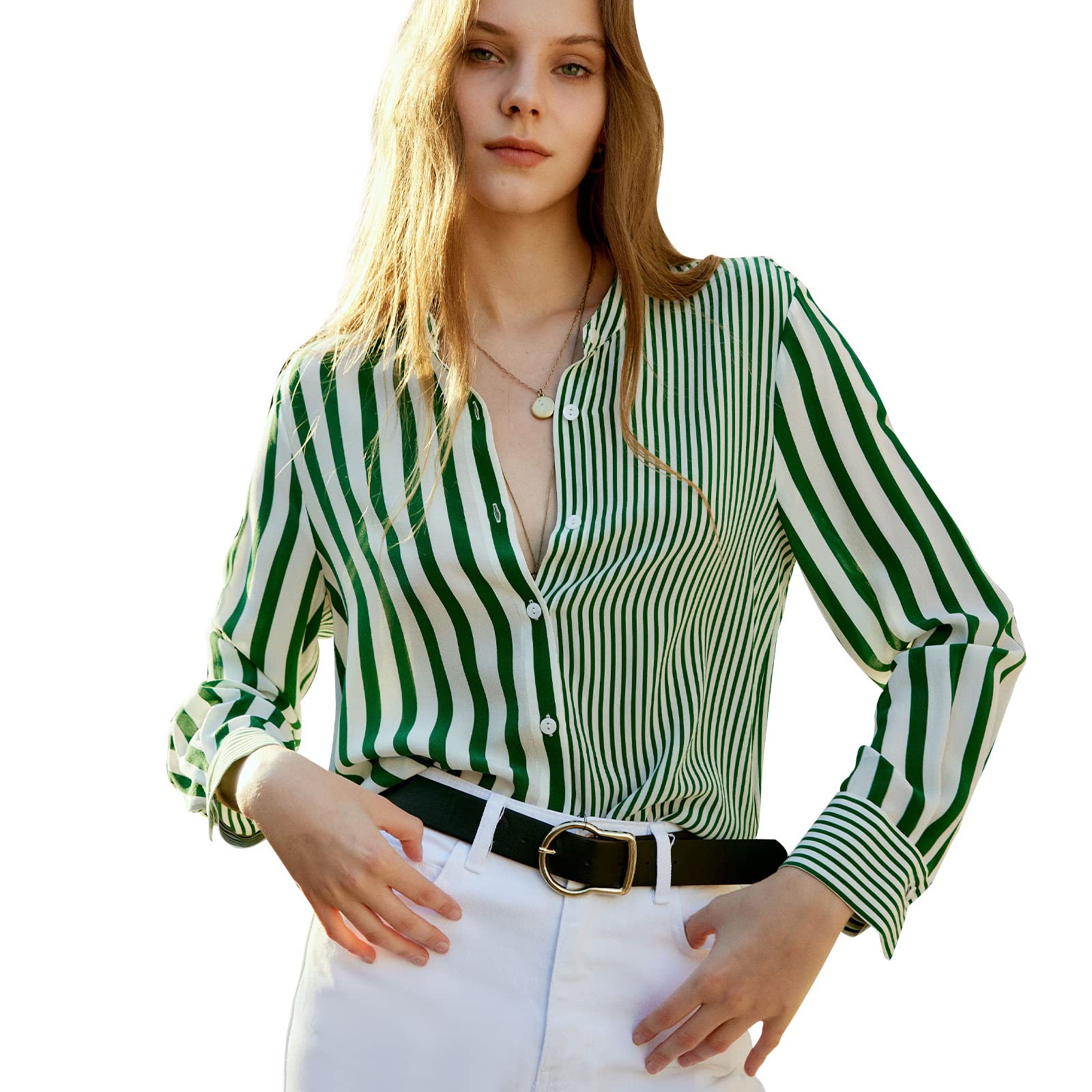 COLD POSH Women's 100% Pure Silk Blouse - Long Sleeve Button Down Shirt for Spring & Summer | Elegant Soft Classic Fit Work & Casual Tops | White & Green Striped | Perfect for Office Wear, Business Meetings & Special Occasions
