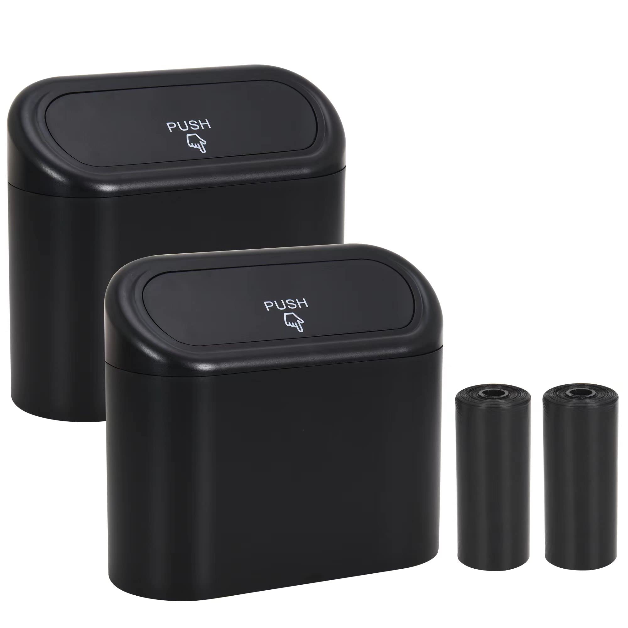 2 Pack Portable Hanging Mini Car Trash Can with Lid & 2 Rolls Trash Bags - Waterproof Odorless Auto Garbage Bin for Car, Office, Home - Ideal for Road Trips, Commuting & Workspace Organization (Black/Red)