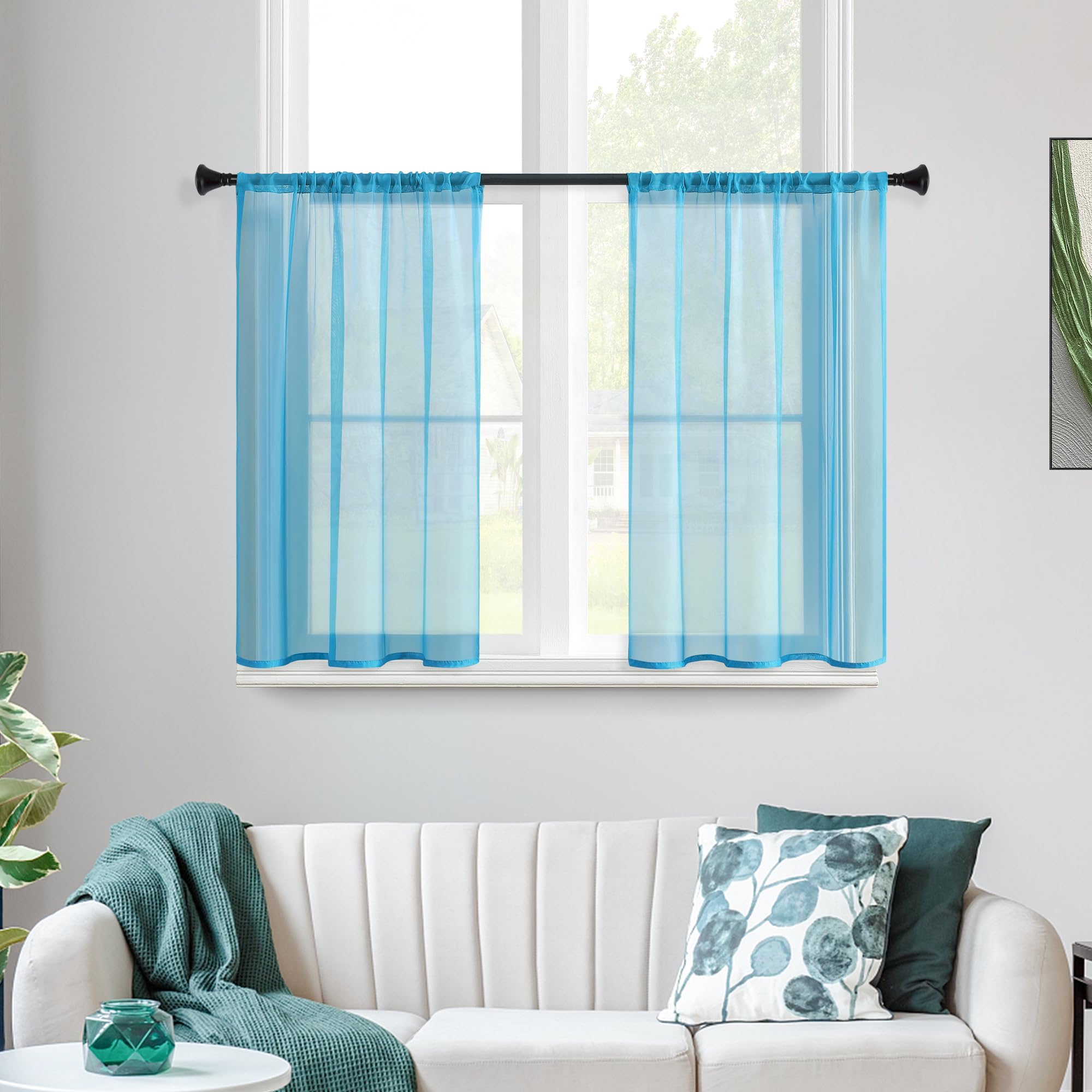 MRTREES 36 Inch Short Sheer Curtains - Light Filtering Voile Tier Curtains with Rod Pocket for Kitchen, Bathroom, Basement & Small Half Windows - Sky Blue (2 Panels, 34