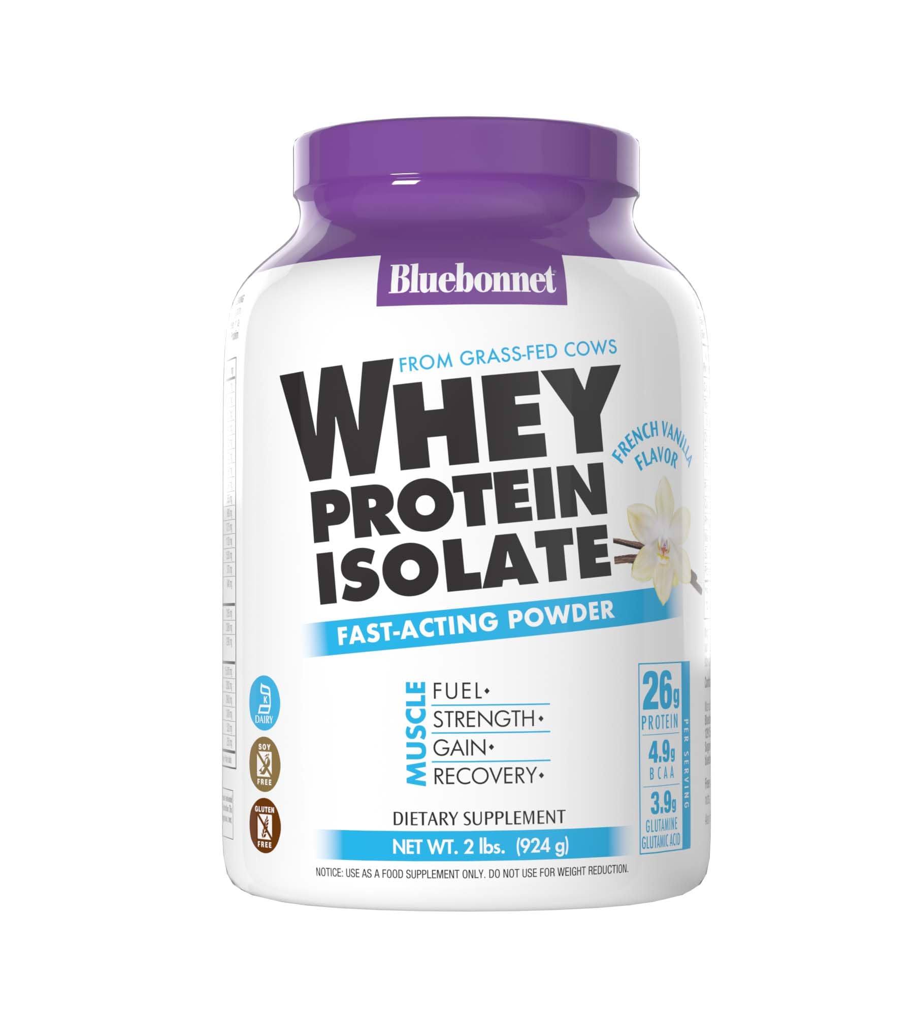 BlueBonnet Grass-Fed Whey Protein Isolate Powder - 26g Protein, No Sugar Added, Gluten & Soy Free, Kosher Dairy - 2 Lbs (28 Servings) French Vanilla Flavor - Perfect for Post-Workout Recovery & Healthy Smoothies