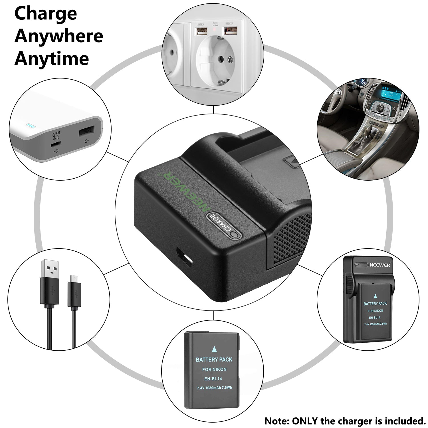 NEEWER EN-EL14 Replacement Battery Charger for Nikon D3100 D3200 D5100 D5200 - Fast Charging & LED Indicator - Perfect for Travel, Photography & Backup Power
