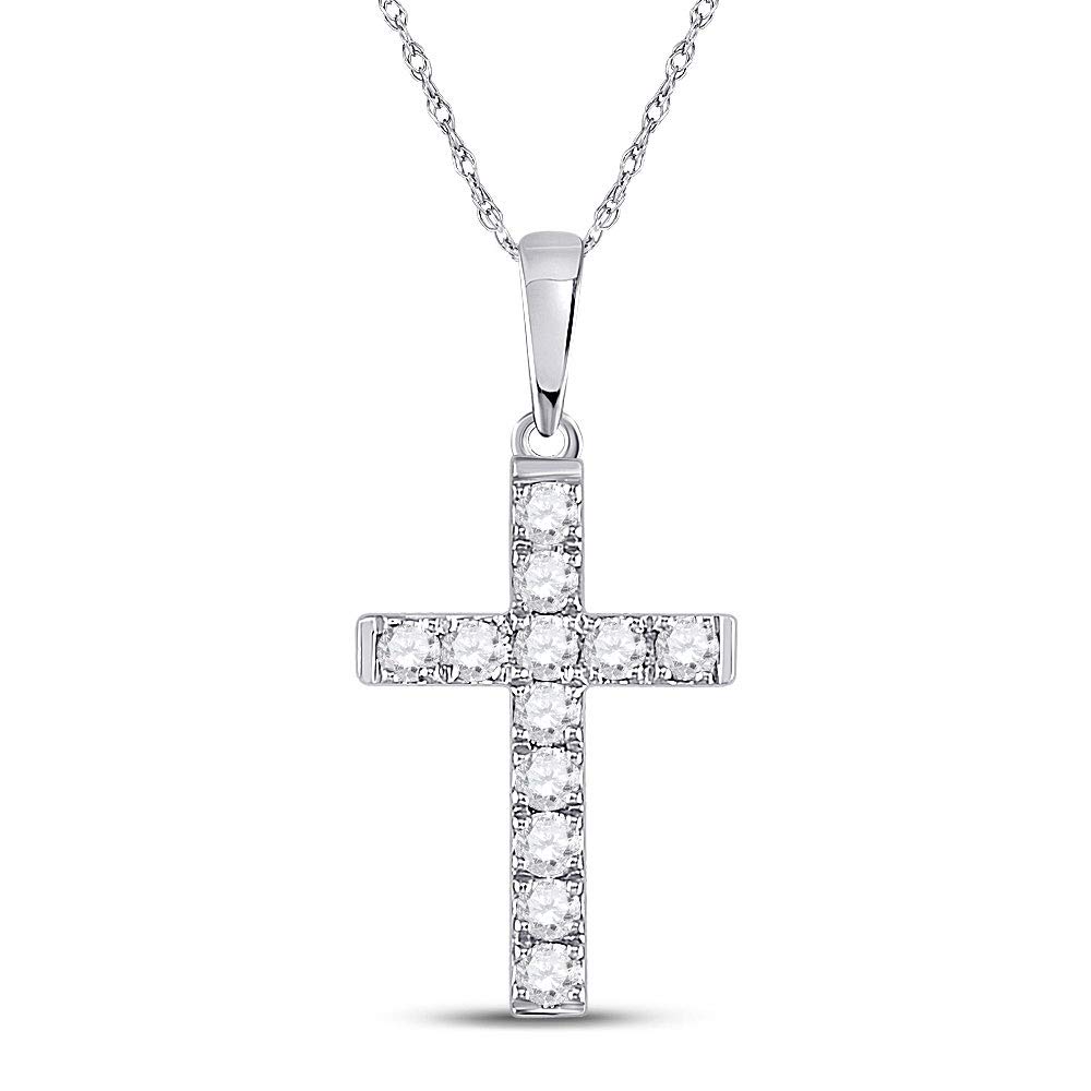 10K White Gold Women's Round Diamond Religious Cross Pendant Necklace - 1/8 Cttw Diamond Cross Charm for Church, Baptism & Everyday Elegant Jewelry Gift