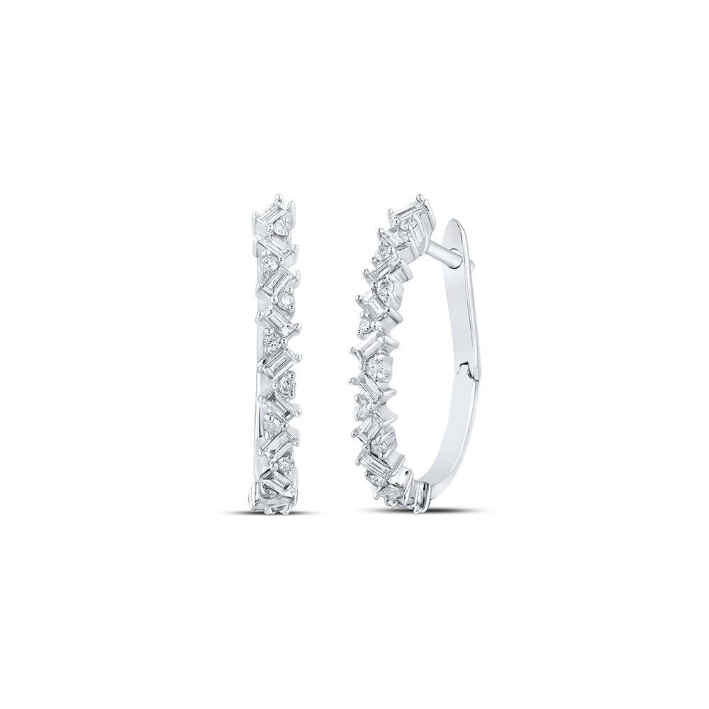 10K White Gold Women's Baguette Diamond Hoop Earrings - 3/8 CTTW, Elegant Everyday Jewelry for Work & Special Occasions