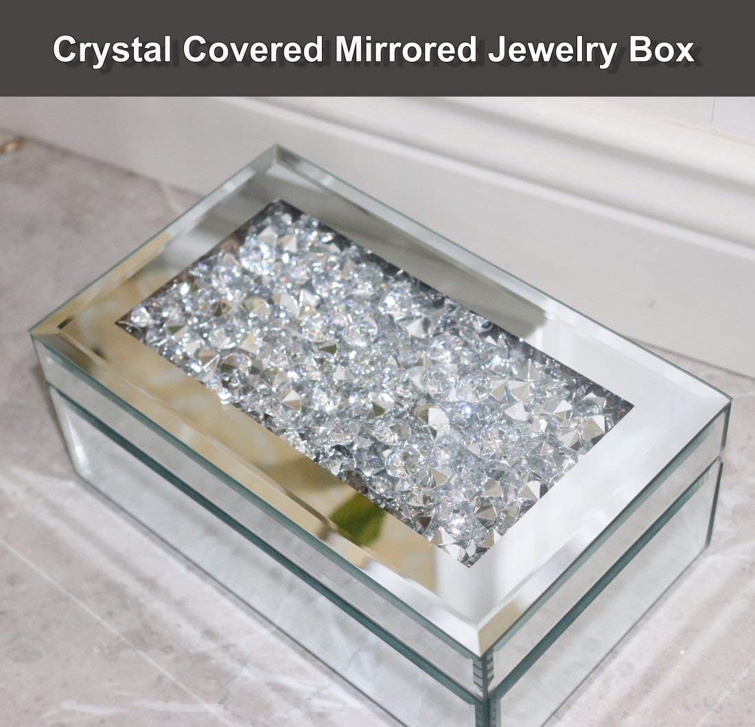 Luxury Silver Crushed Diamond Glass Jewelry Box Organizer - Elegant Mirror Storage Case for Necklaces, Rings & Earrings - Perfect for Women's Dresser, Wedding Gift & Travel Jewelry Organizer