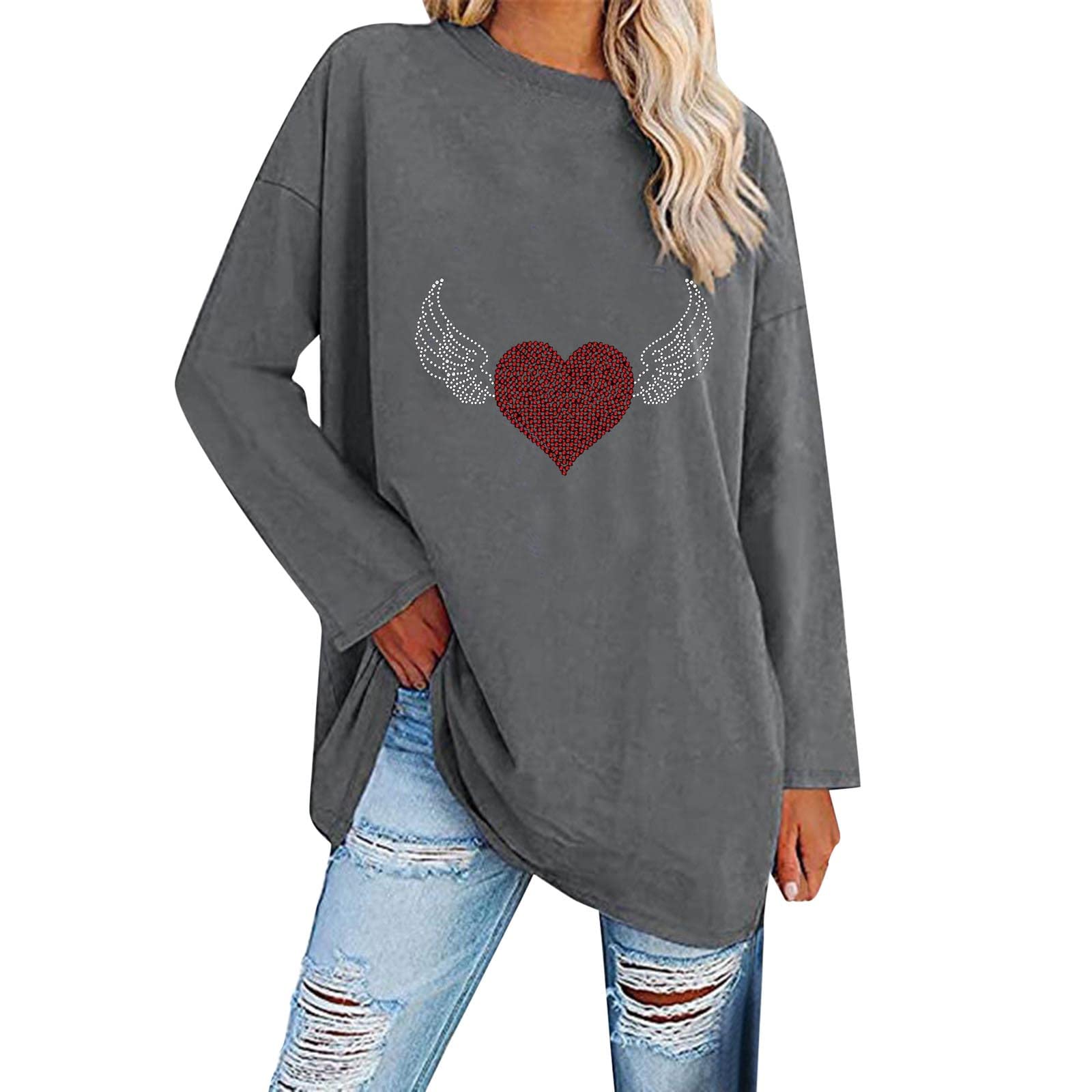 Women's Oversized Long Sleeve T-Shirt - Soft Loose Fit Crewneck Blouse with Heart Print - Casual Tunic Top for Everyday Wear, Lounge & Layering