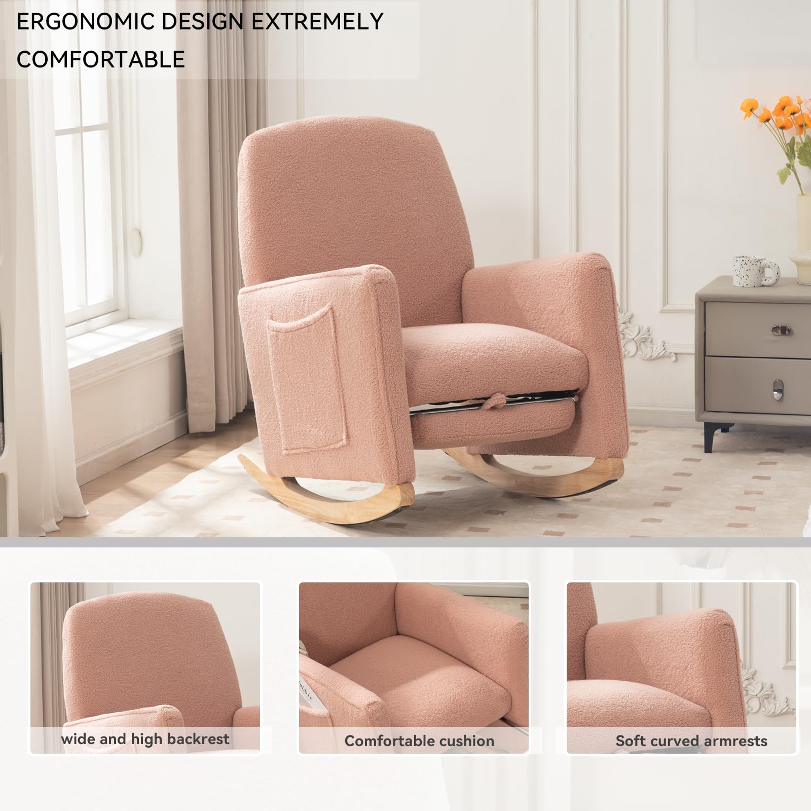 FOXHUNTER Adjustable Nursery Rocking Chair with High Backrest & Footrest - Glider Chair with Side Pockets for Baby Room - Soft Upholstered Rocking Chair for Living Room, Bedroom (Teddy Pink) - Perfect for Nursing, Reading & Relaxing