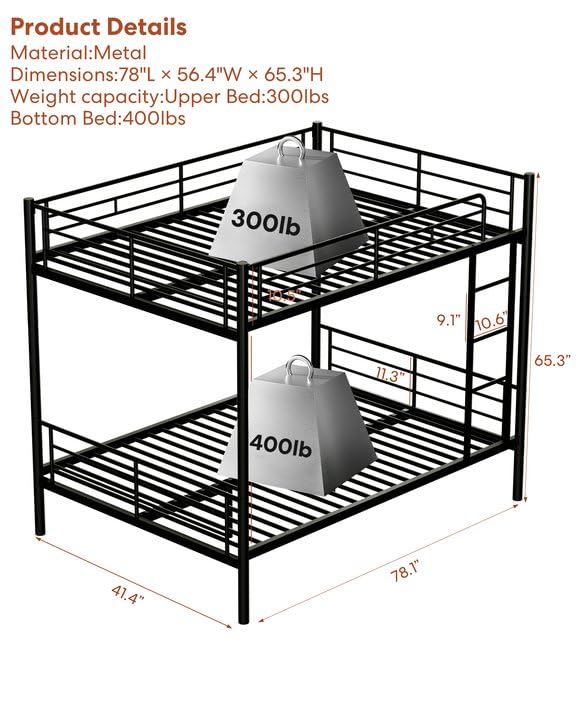 Full Over Full Metal Bunk Bed for Kids - Convertible to 2 Separate Full Size Beds - Heavy Duty Steel Bunk Bed Frame with High Safety Guardrail & Built-in Ladder - No Box Spring Required - Noise Free Design - Black - Perfect for Kids' Bedroom, Dorm Room or Space-Saving Guest Room