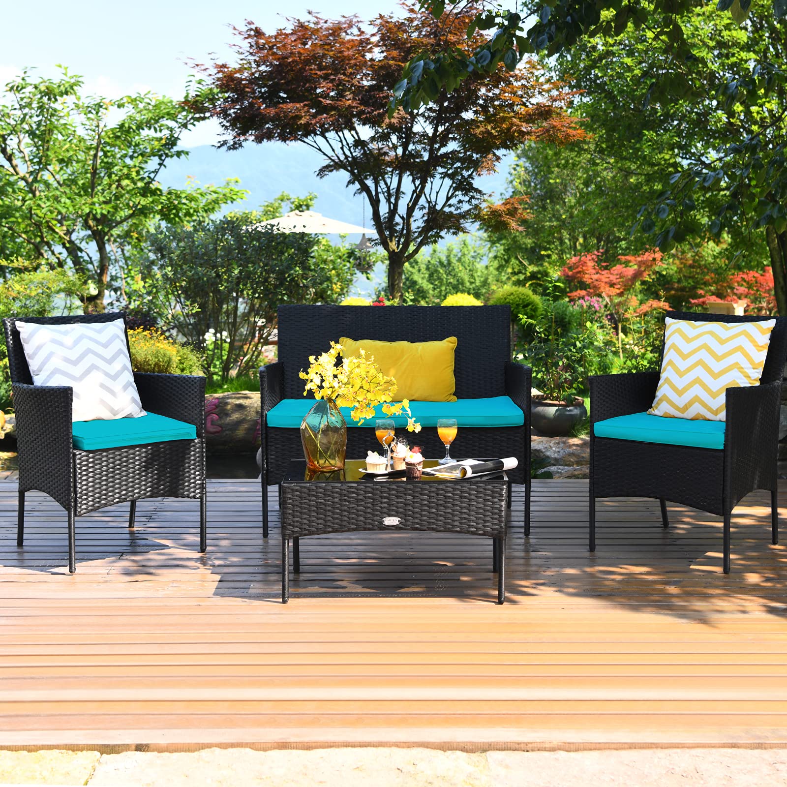 Tangkula 4-Piece Outdoor Patio Furniture Set - Wicker Conversation Set with Tempered Glass Coffee Table, Rattan Loveseat & Chairs with Cushions - Perfect for Backyard, Garden, Poolside, and Patio (Turquoise)