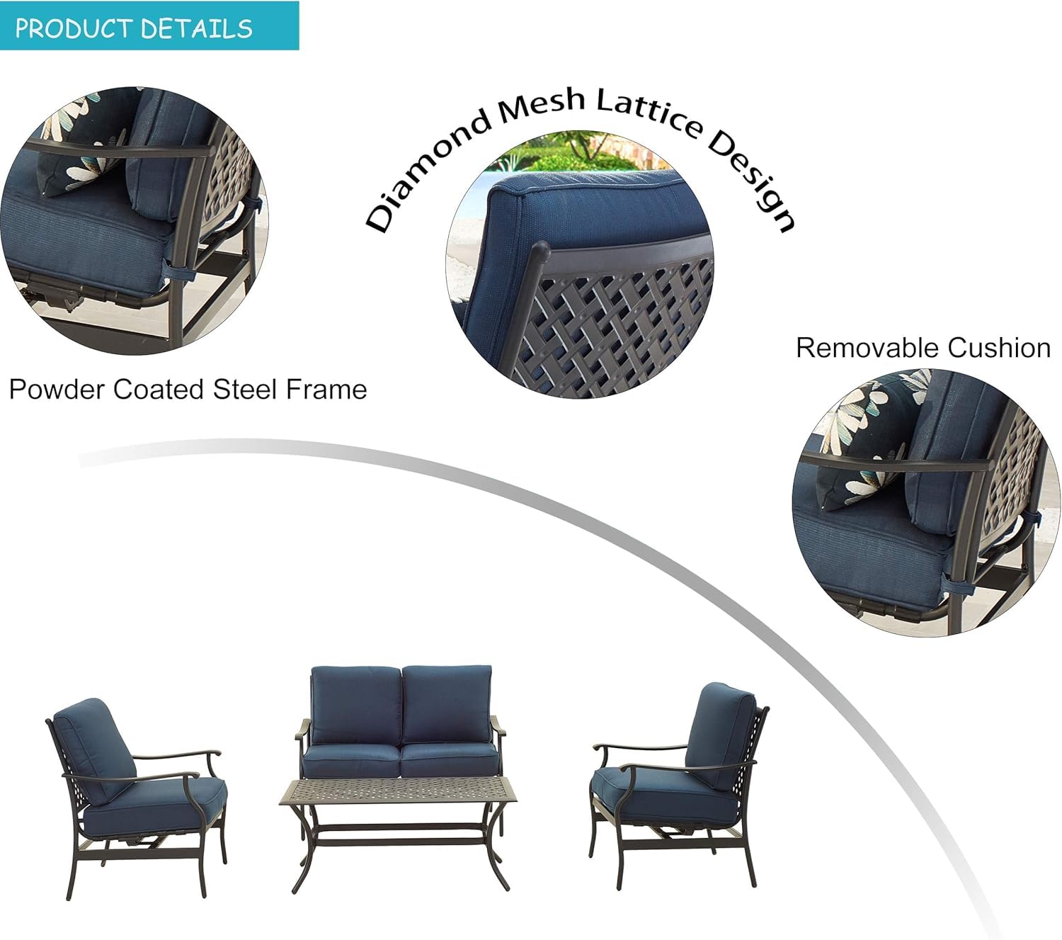 LOKATSE HOME 4-Piece Outdoor Loveseat Set with Cushions & Coffee Table - Patio Conversation Furniture, Metal Armchair in Blue - Perfect for Backyard, Garden, and Poolside Relaxation