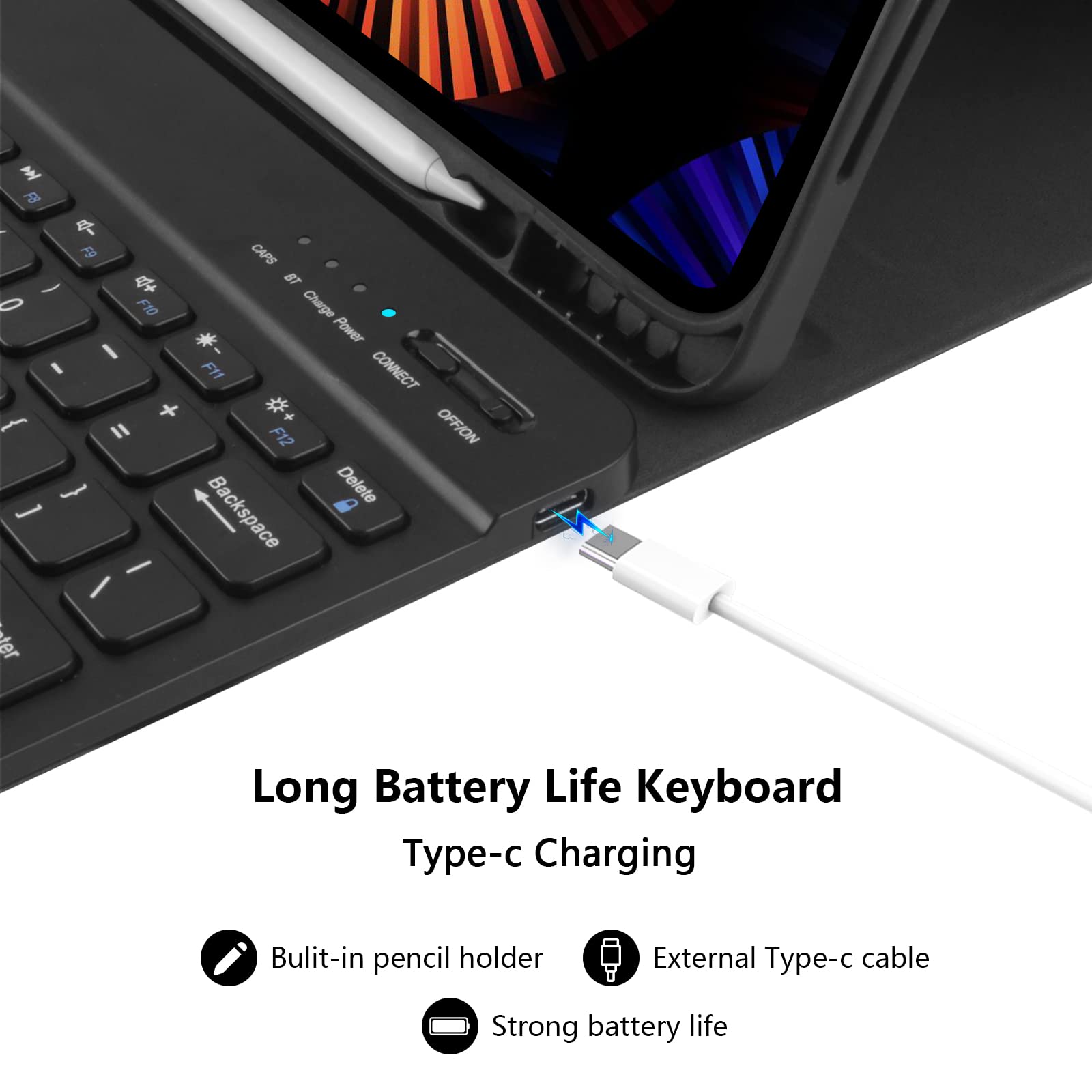 iPad Air 13 inch & iPad Pro 12.9 inch Keyboard Case - Slim Smart Wireless Detachable with Pencil Holder (6th/5th/4th/3rd Gen Compatible) - Perfect for Work, Study & Travel - Black