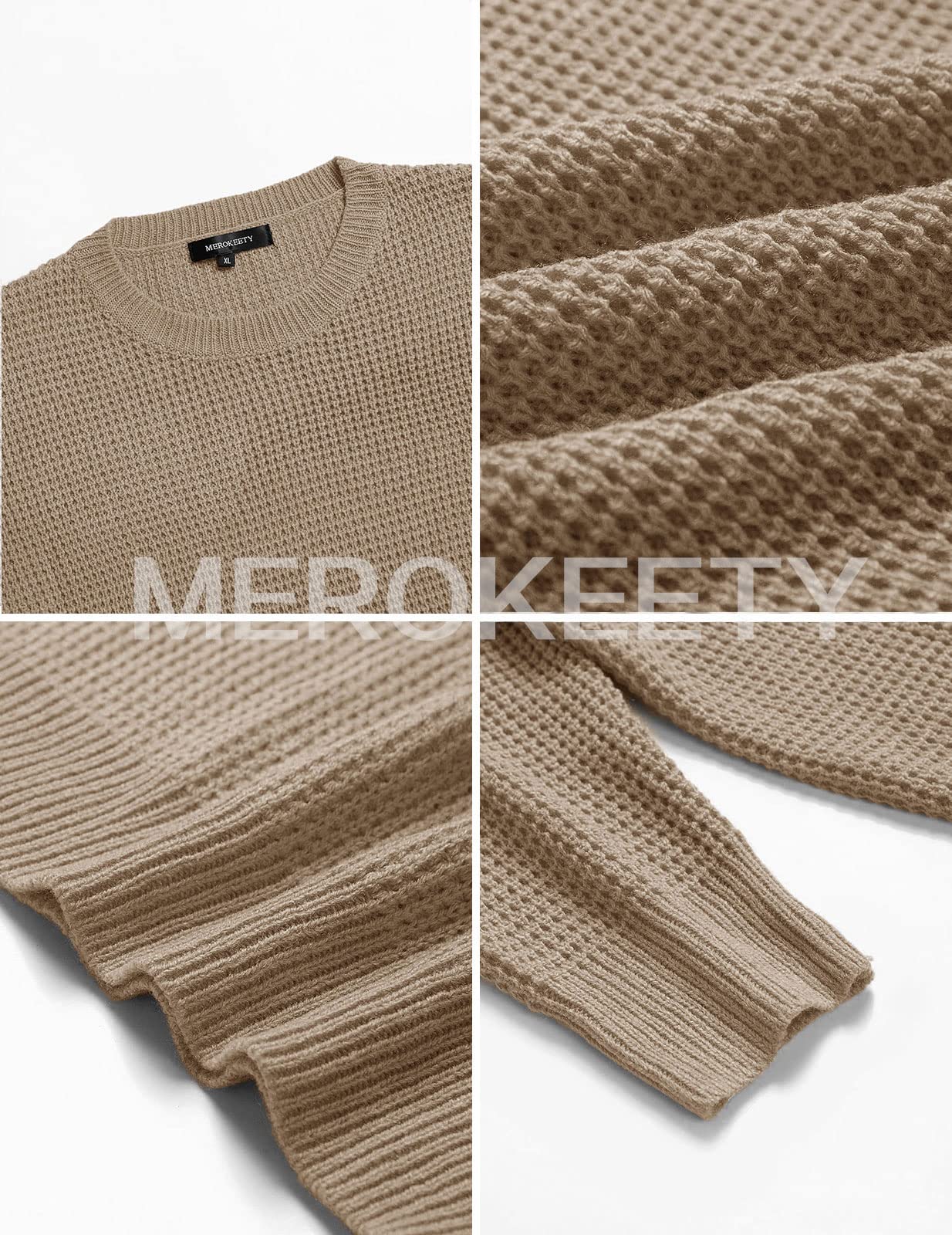 MEROKEETY Women's 2024 Long Sleeve Waffle Knit Sweater - Crew Neck Solid Color Pullover Jumper Tops for Women | Cozy Fall Winter Casual Wear, Office Outfits & Weekend Layering