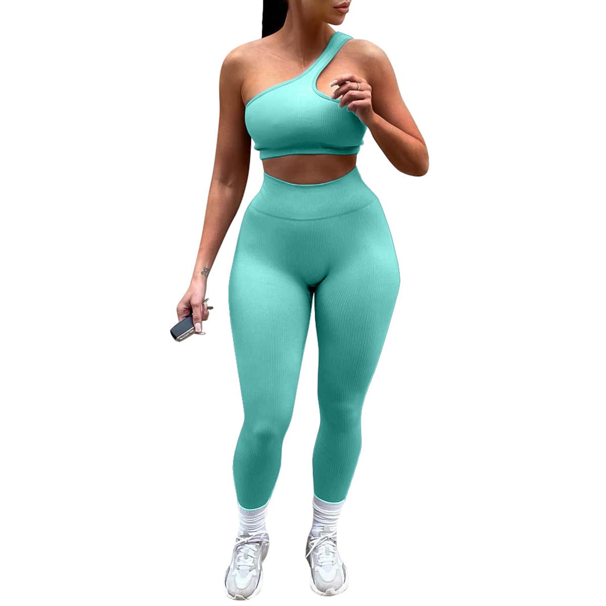 MESLIMA Women's 2-Piece Workout Set - One Shoulder Ribbed Crop Top & High Waist Yoga Leggings | Gym, Yoga & Fitness Outfit for Women | Perfect for Workouts, Running & Active Lifestyle