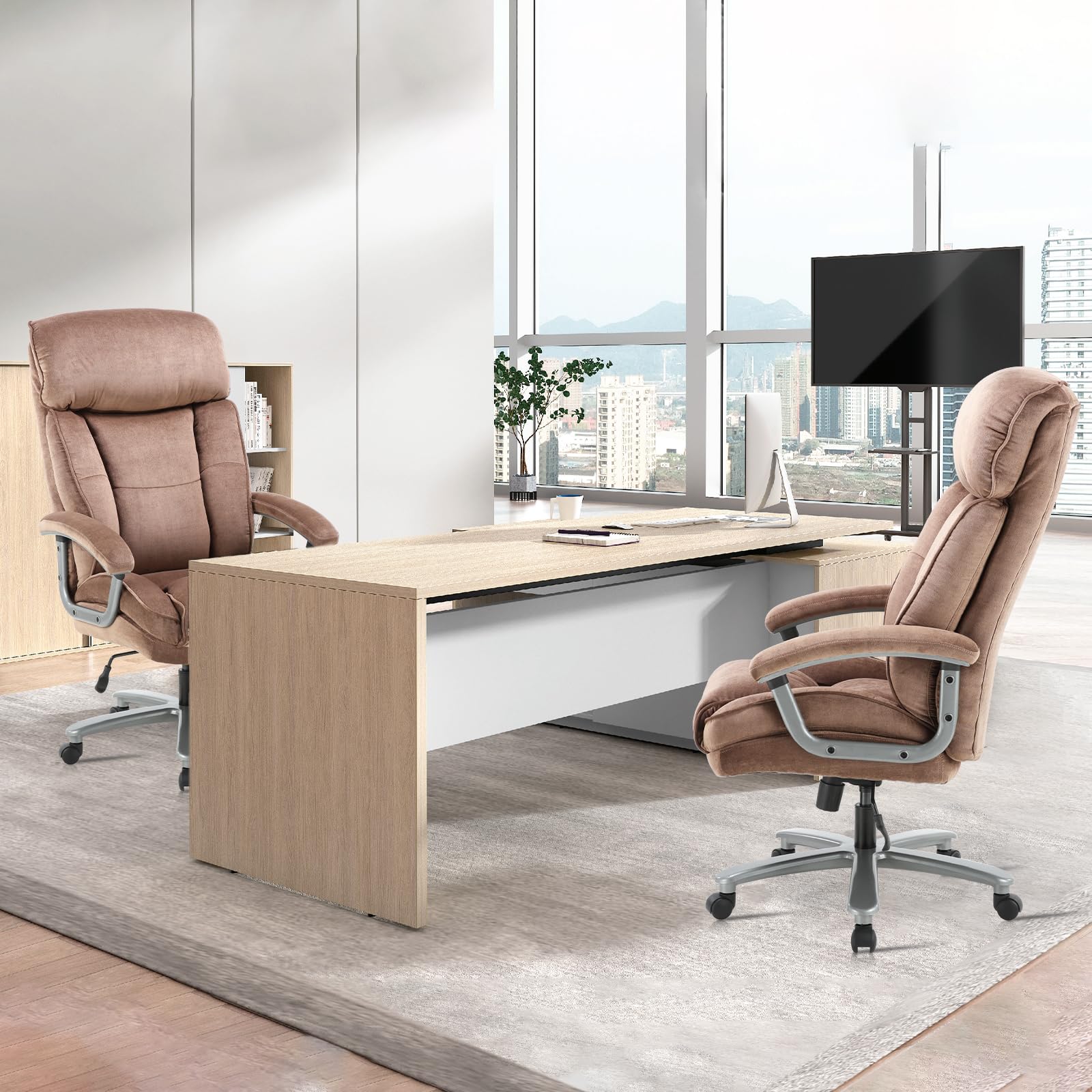 CLATINA Ergonomic Big and Tall Executive Office Chair - 400lbs Weight Capacity, Adjustable Height, Thick Padding with Headrest & Armrest - Upholstered Swivel Chair for Home Office (Beige) - Perfect for Long Work Hours and Comfortable Workspace Setup