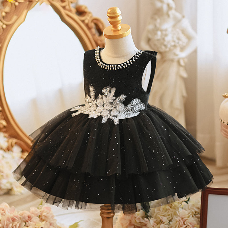Toddler Baby Girl Communion Party Dress - Embroidered Black Princess Birthday Dress for Special Occasions & Celebrations