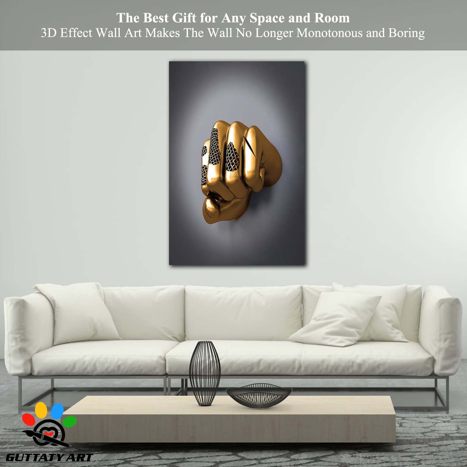 3D Metal Effect Fist Canvas Wall Art - Modern Silver Framed Wall Decor for Men's Bedroom & Living Room - Valentine's Day Gift Idea - 28x40 Inches - Perfect for Home Office, Man Cave, or Contemporary Interior Design