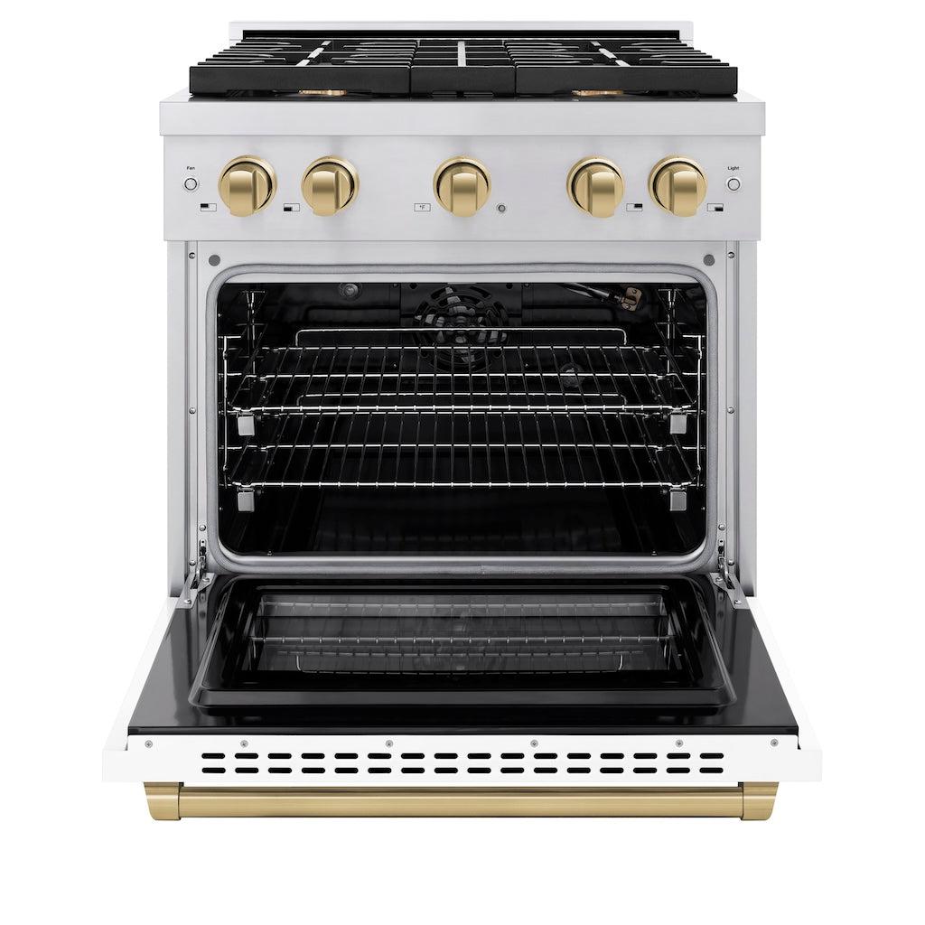 ZLINE Autograph Edition 30-inch 4.2 cu. ft. Stainless Steel Gas Range with 4 Burner Cooktop, Convection Oven & White Matte Door - Champagne Bronze Accents (SGRZ WM 30 CB) - Perfect for Modern Kitchens & Professional Cooking