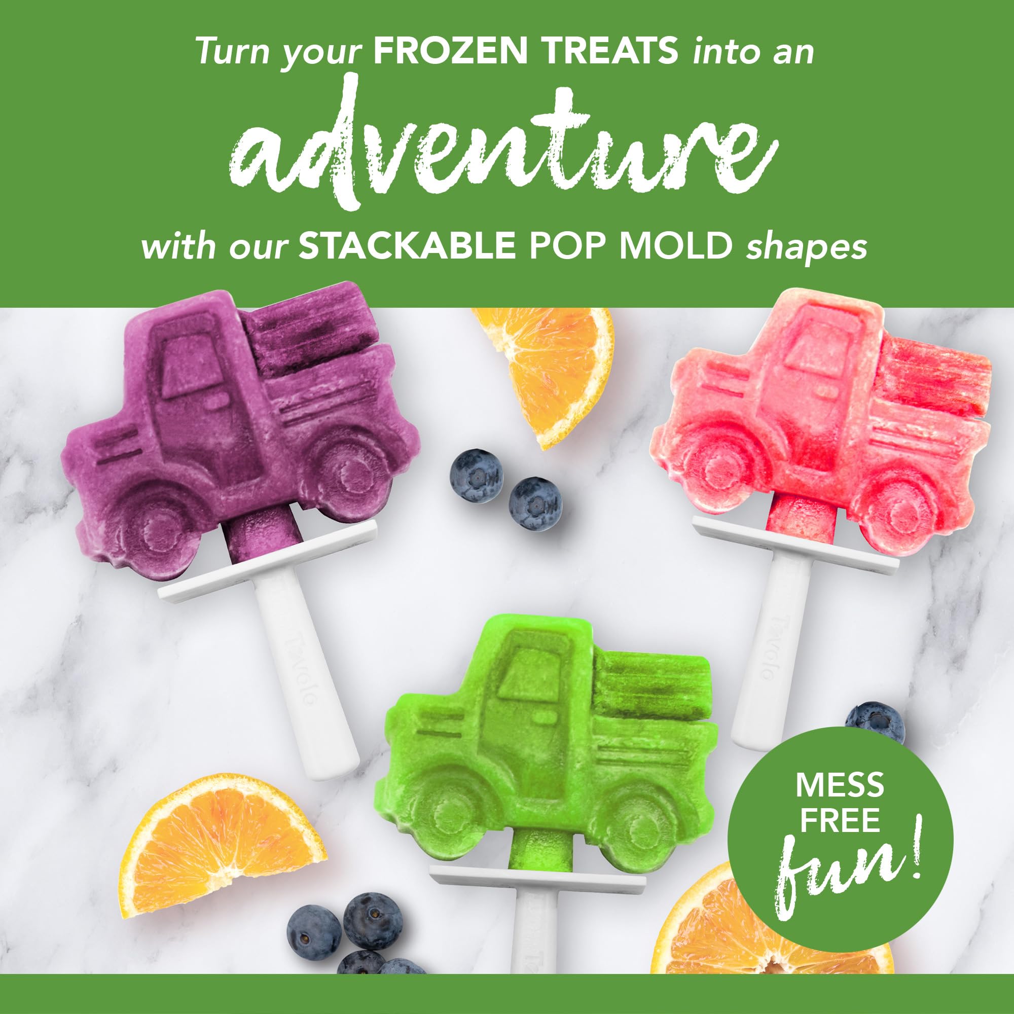 Tovolo Silicone Popsicle Molds with Sticks (4-Pack, Truck Design) - Reusable Ice Pop Molds for Homemade Flavored Ice Pops, Frozen Snacks & Healthy Treats - Stackable Popsicle Maker with Lid, Dishwasher Safe & BPA-Free - Perfect for Summer Parties, Kids Snacks & DIY Frozen Desserts