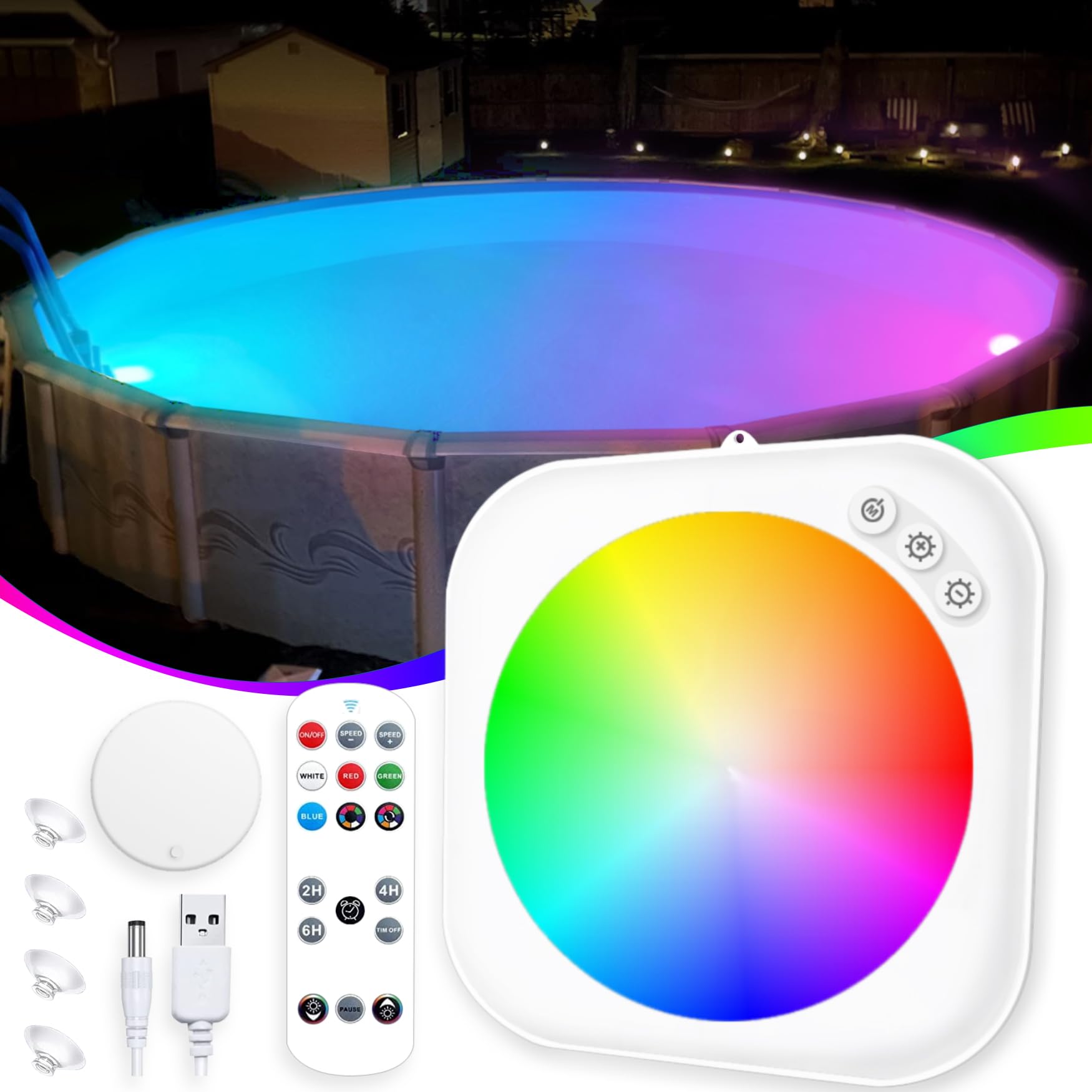 Rechargeable Submersible LED Pool Lights with Remote Control - Waterproof Magnetic Underwater Lights for Above Ground & Inground Pools, Hot Tubs - Color Changing Swimming Pool Lighting (1PC) - Perfect for Night Swimming, Pool Parties & Backyard Decor