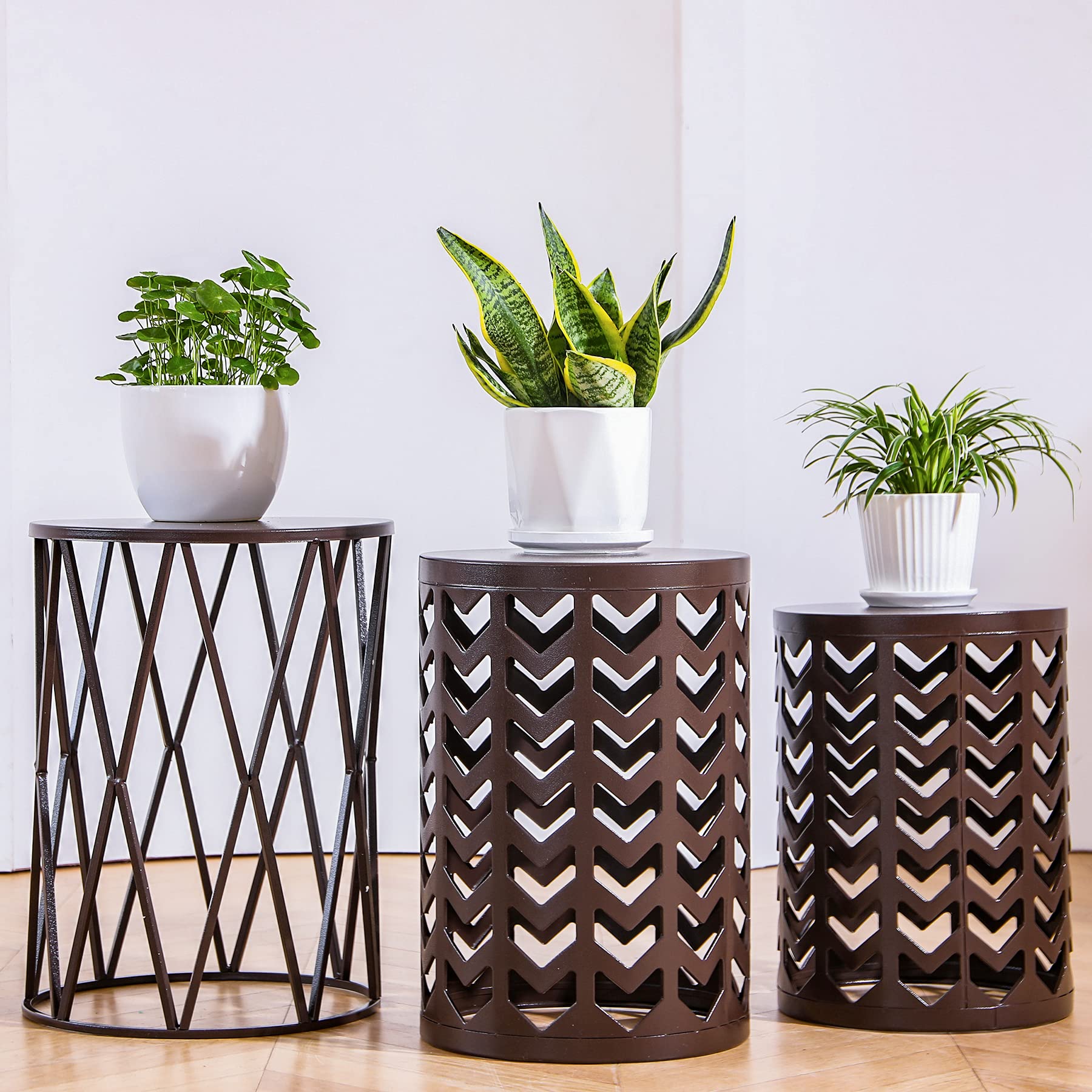 Y&M Set of 3 Round Heavy-Duty Side Tables - End Tables, Coffee Tables for Indoor & Outdoor Use - Decorative Garden Stool, Plant Stand - Pure Brown (US Shipping) - Perfect for Living Room, Patio, and Balcony Decor