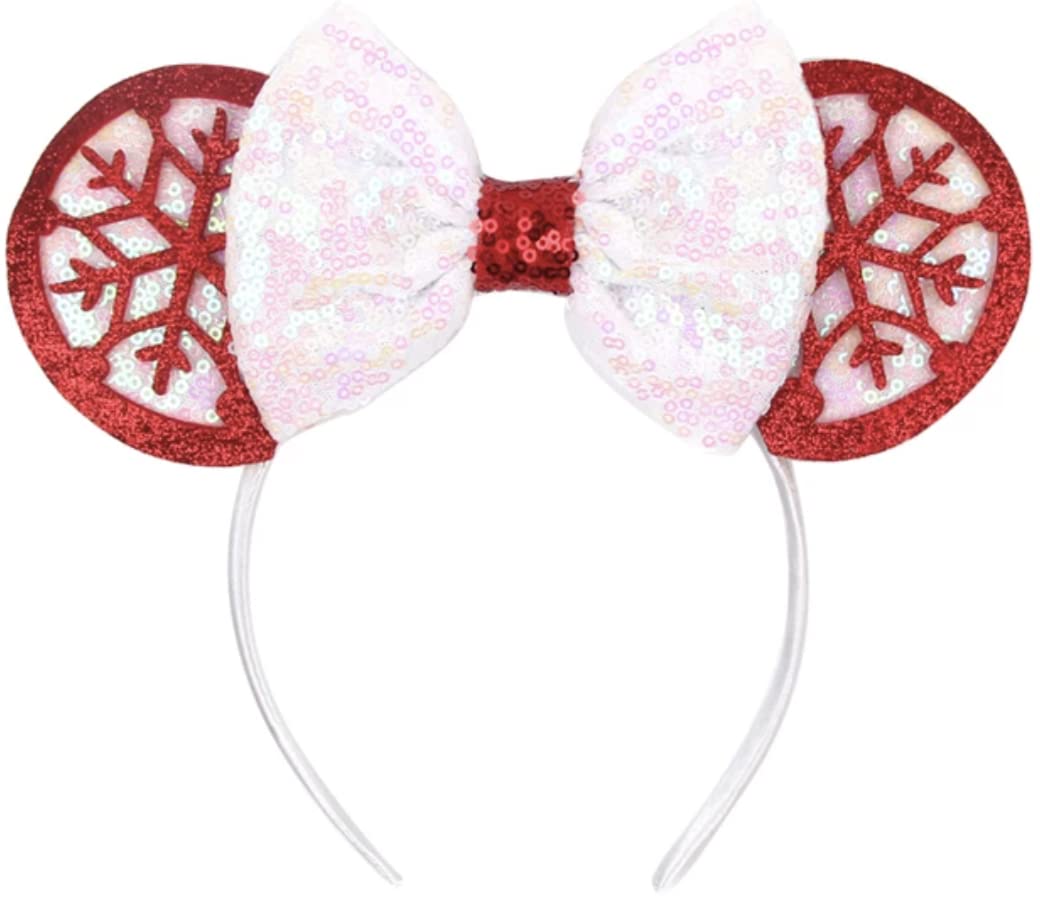 CLGIFT Minnie Mouse Ears Headband - Christmas Snowflake Design with Iridescent Silver Gold Blue Rainbow Sparkle & Classic Red Sequin | Perfect for Disney Trips, Holiday Parties & Cosplay