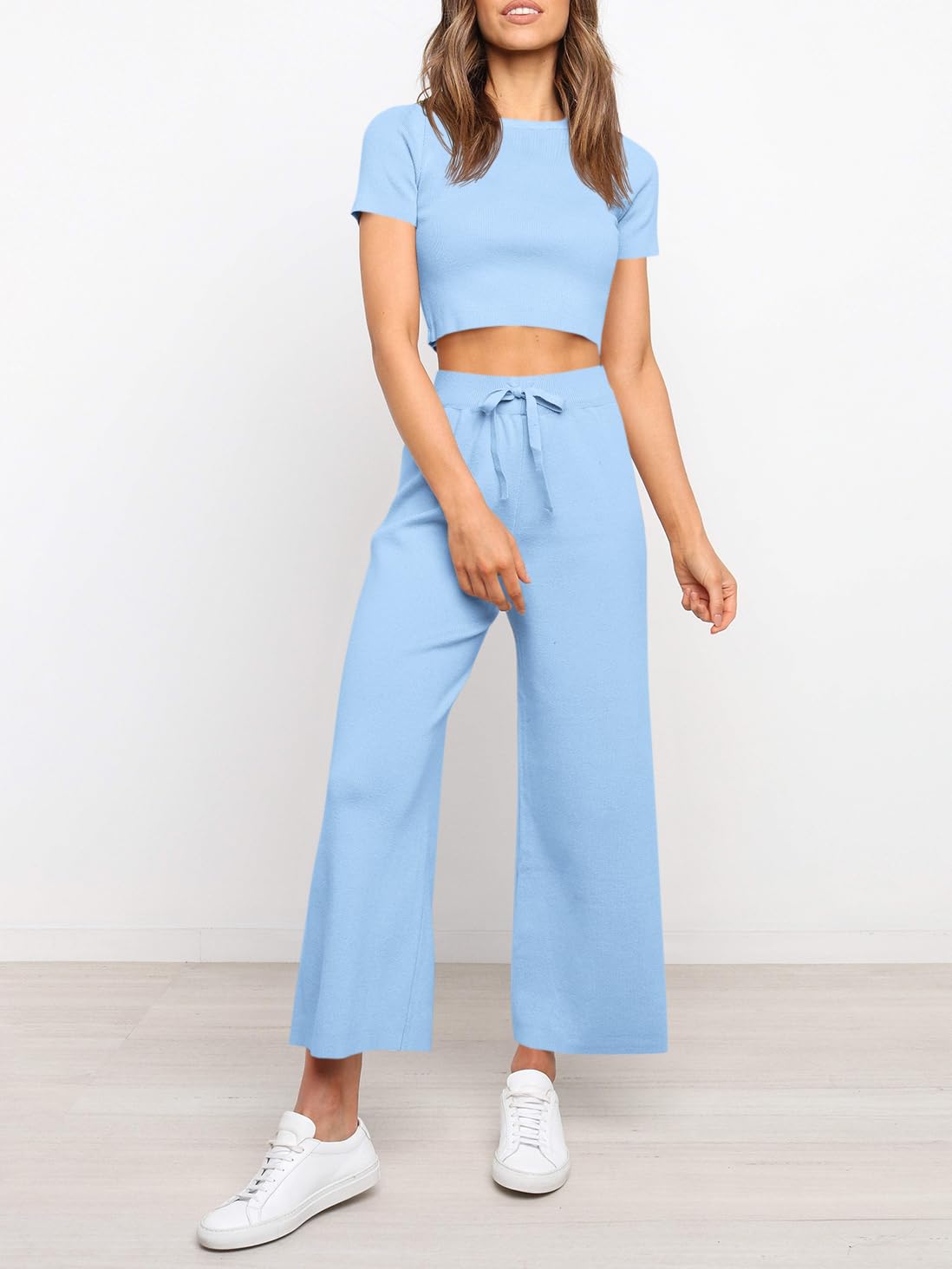 Fisoew Women's 2 Piece Outfits - Soft Knit Short Sleeve Crop Top & High Waisted Lounge Pants Set for Casual Wear, Home, Travel & Street Style