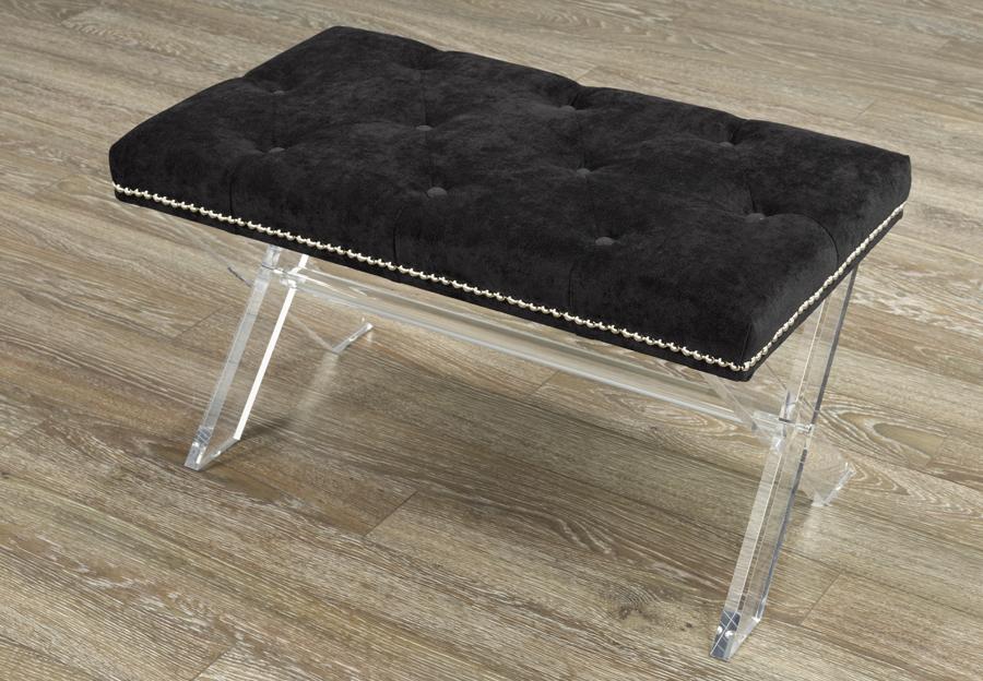 Modern Accent Bench with X-Style Acrylic Legs & Button/Crystal Inlays - Perfect for Entryway, Bedroom or Living Room Seating Decor