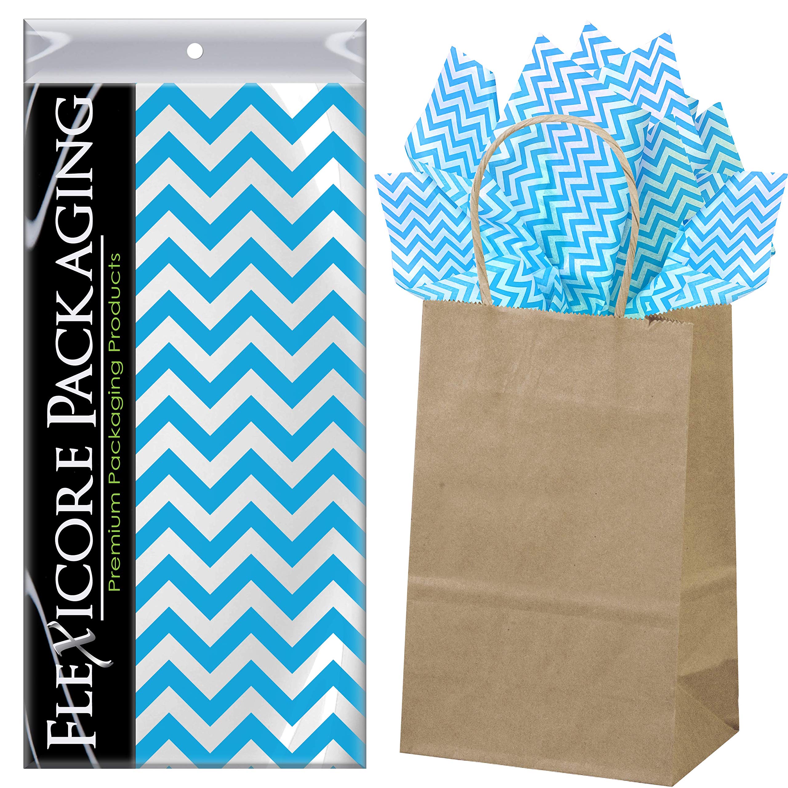 Eco-Friendly Kraft Paper Gift Bags with Turquoise Chevron Pattern - 5.25