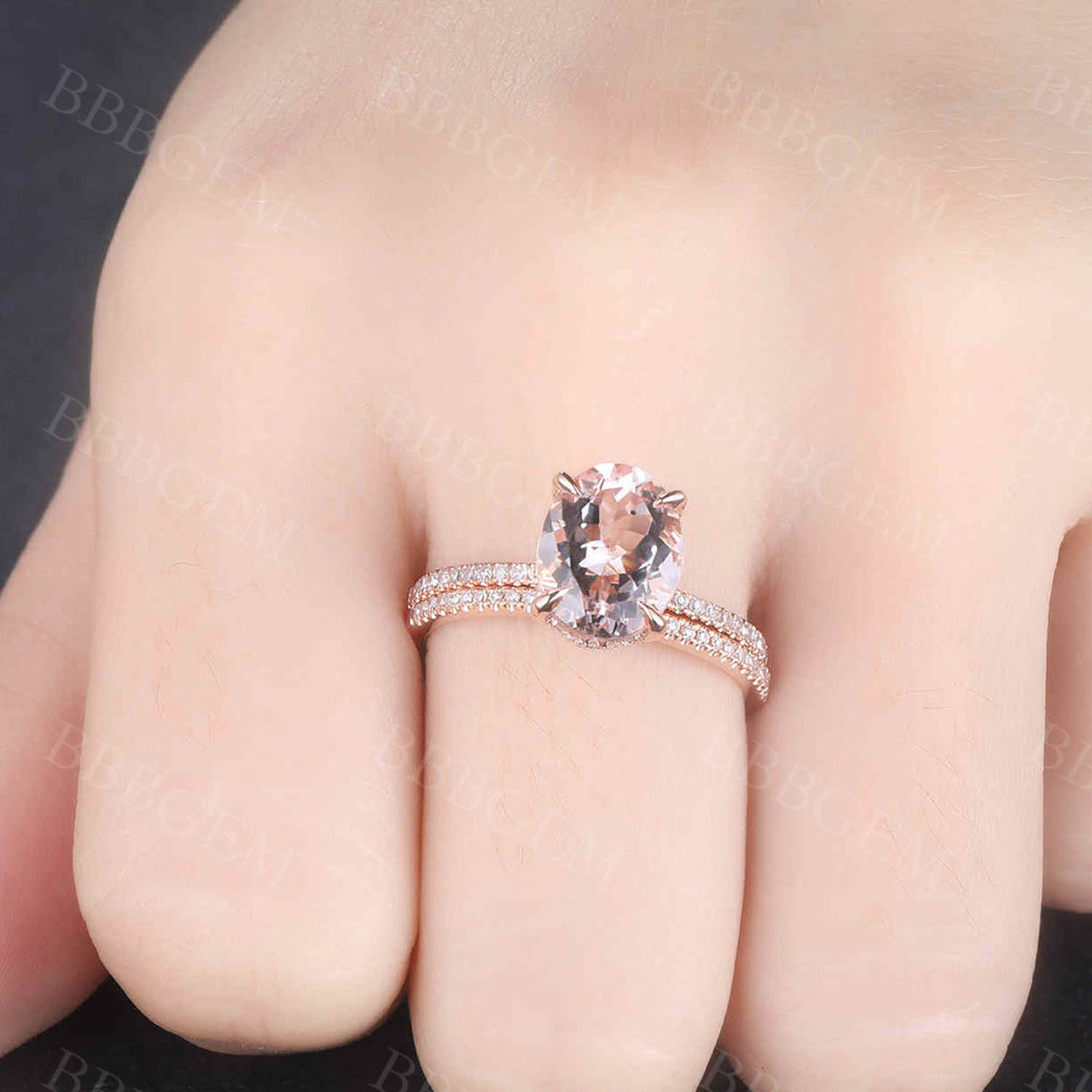 Rose Gold Morganite & Diamond Wedding Ring Set - 7x9mm Oval Art Deco Stacking Band in 14K/18K Gold - Perfect for Engagement, Anniversary & Bridal Jewelry Gifts