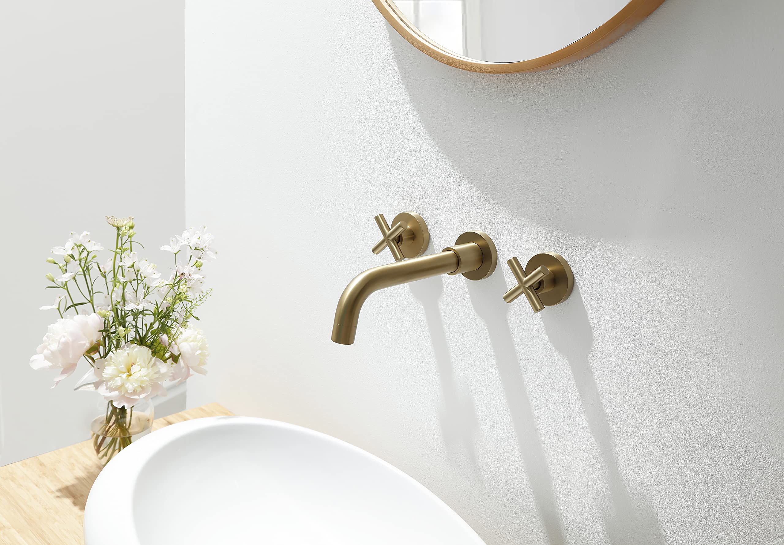 Stylish SITGES Gold Wall Mount Bathroom Faucet - Double Handle Bathroom Sink Faucet with Rough-in Valve - Vintage Gold Finish for Modern & Classic Bathrooms - Perfect for Home Renovation & Hotel Upgrades